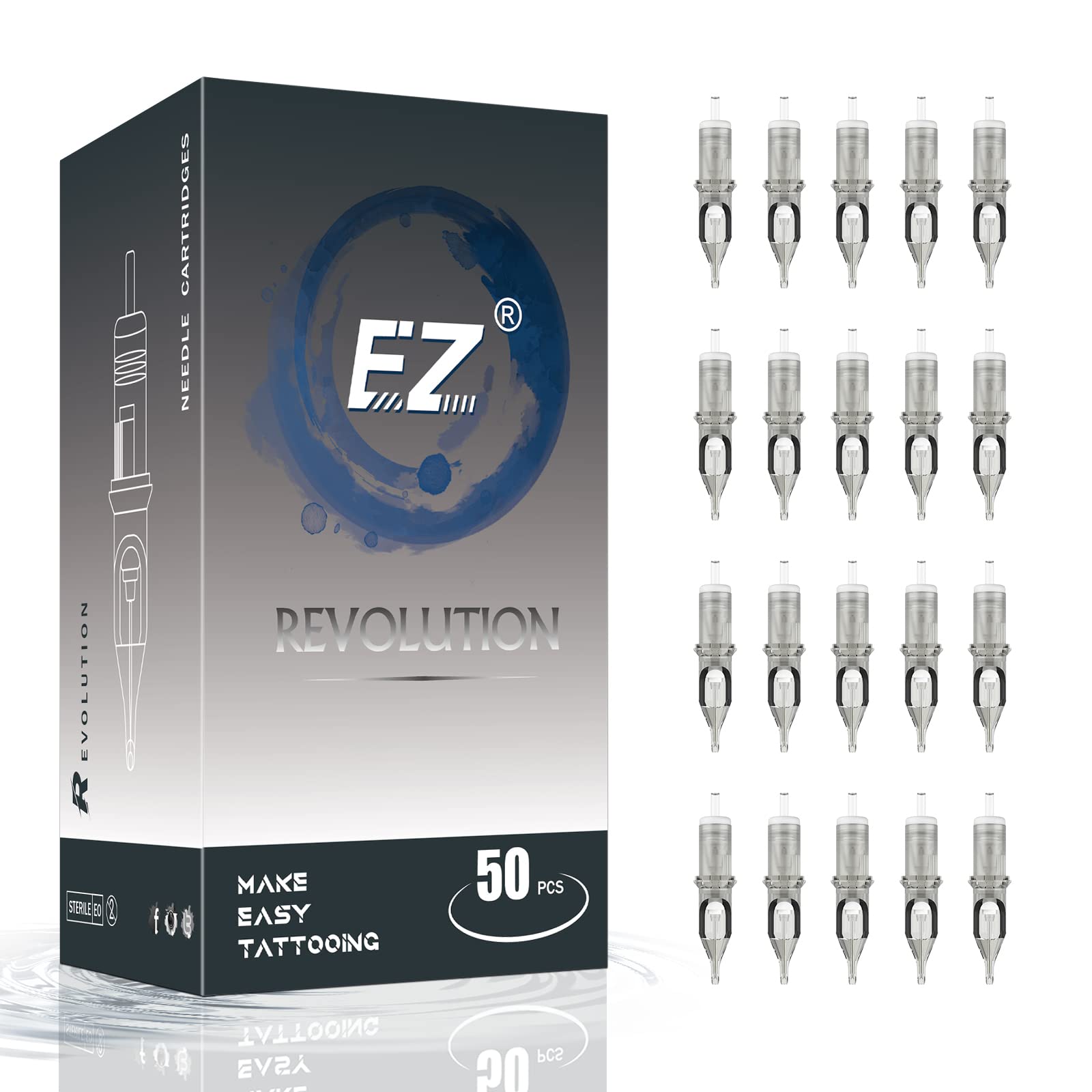 EZ Tattoo Cartridge Needles Assorted - 50Pcs #10 Mixed (3RL 5RL 7RL 9RL 11RL) Bugpin Round Liner Tattoo Needle Cartridges for Tattooing Rotary Tattoo