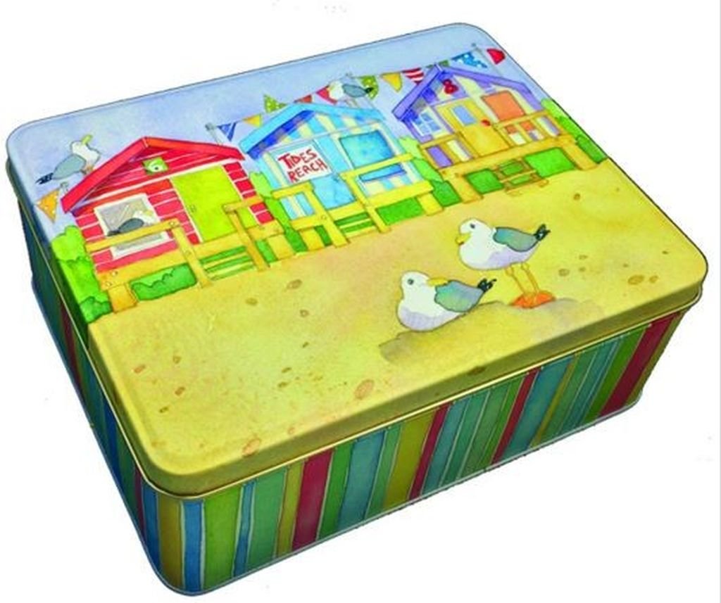 Emma Ball Coastal Beach Huts Deep Rectangular Lidded Tin