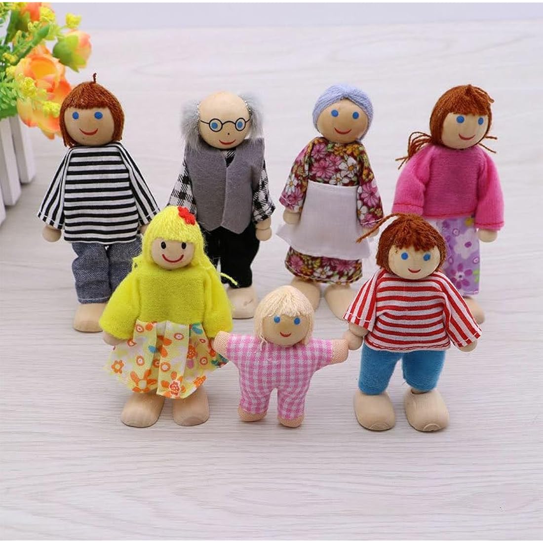 DecoBay Wooden Dolls House Furniture 4 Sets Bedroom, Kitchen, Bathroom and Living Room with 6 Family Dolls
