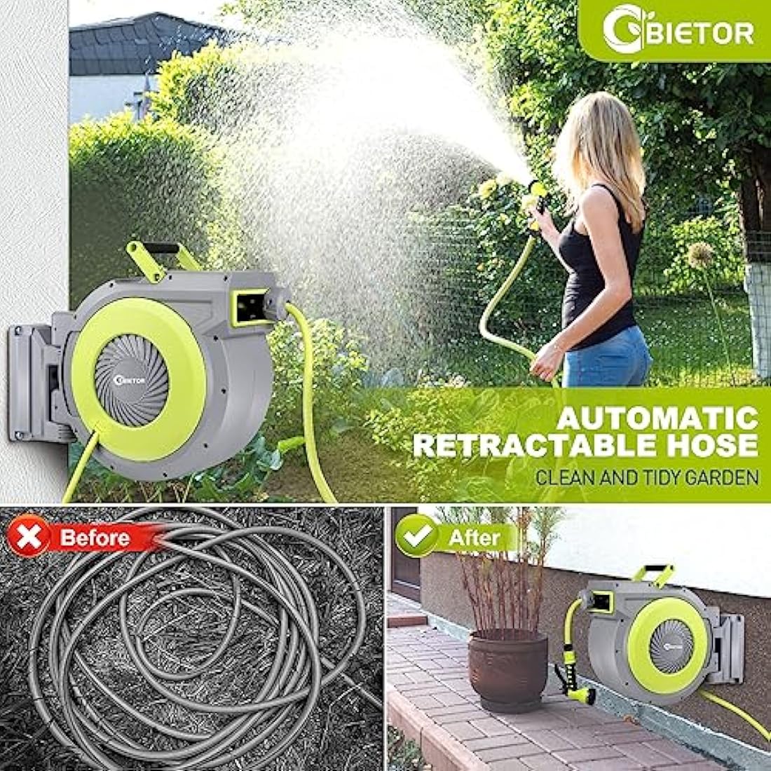 Bietor Retractable Garden Hose Reel Wall Mounted, Heavy Duty Water Hose Reel 40m+2m, with 9 Pattern Hose Nozzle, Slow Return System, Any Length Lock, 180°Swivel Bracket