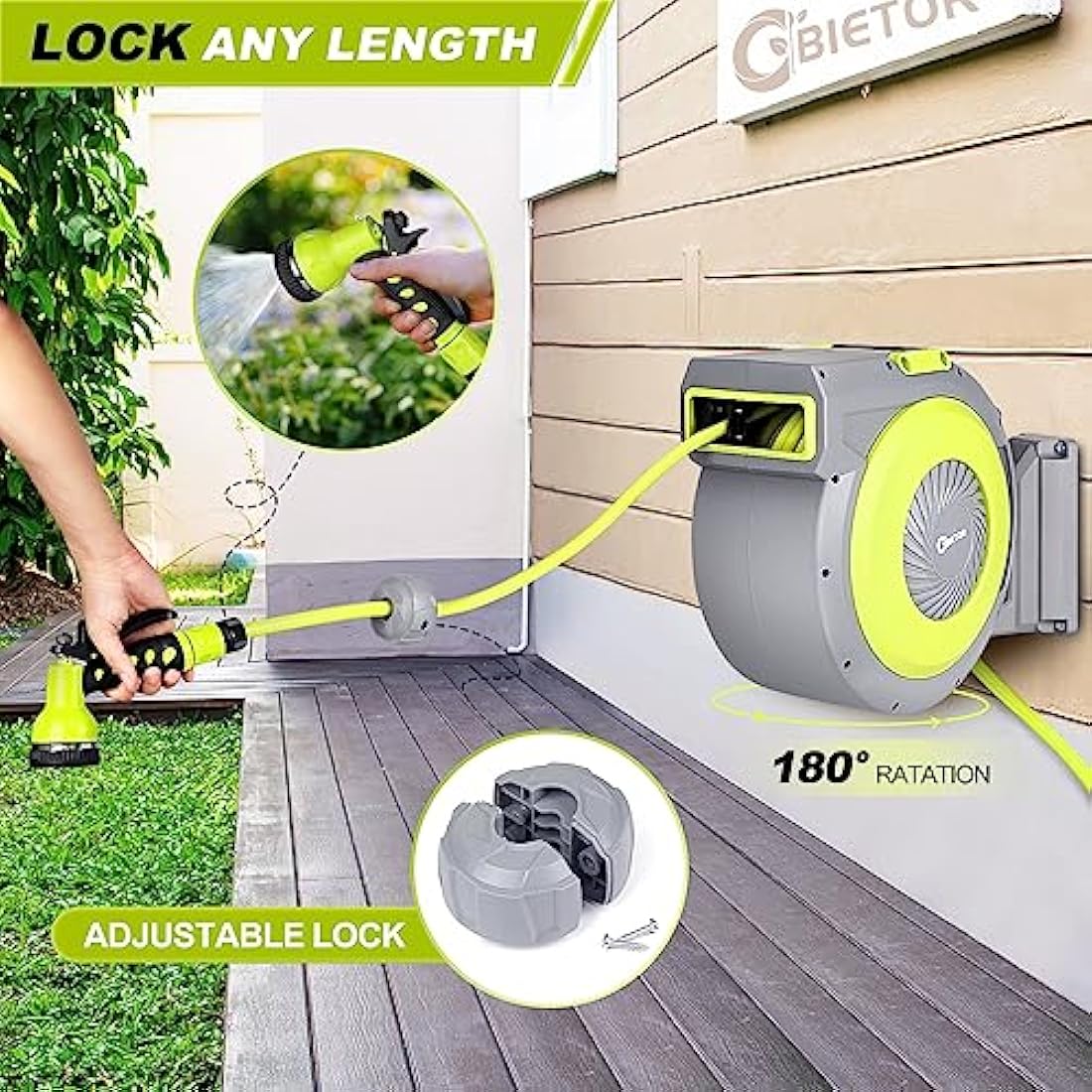 Bietor Retractable Garden Hose Reel Wall Mounted, Heavy Duty Water Hose Reel 30m+2m, with 9 Pattern Hose Nozzle, Slow Return System, Any Length Lock, 180°Swivel Bracket