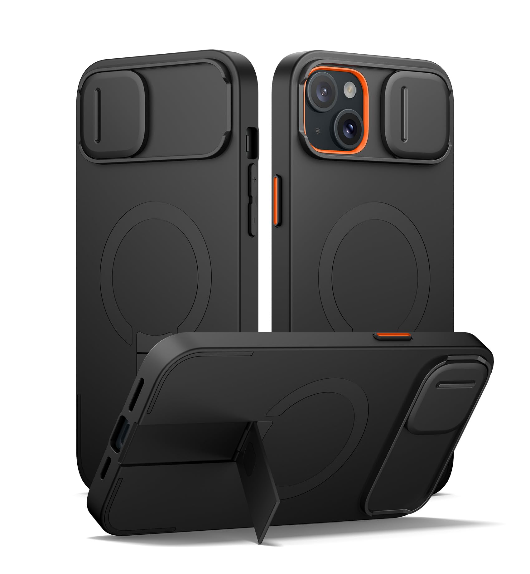 SURITCH Magnetic Case Compatible with iPhone 14 plus/15 plus, Shockproof Protective Cover with Slide Camera Cover and Adjustable Kickstand(Black)