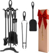 Amagabeli Garden Home 25.2"(64cm) 5 Pieces Fireside Companion Set Black Wrought Iron Fireplace Tools Sets Wood Burner Accessories Indoor Fire Pit