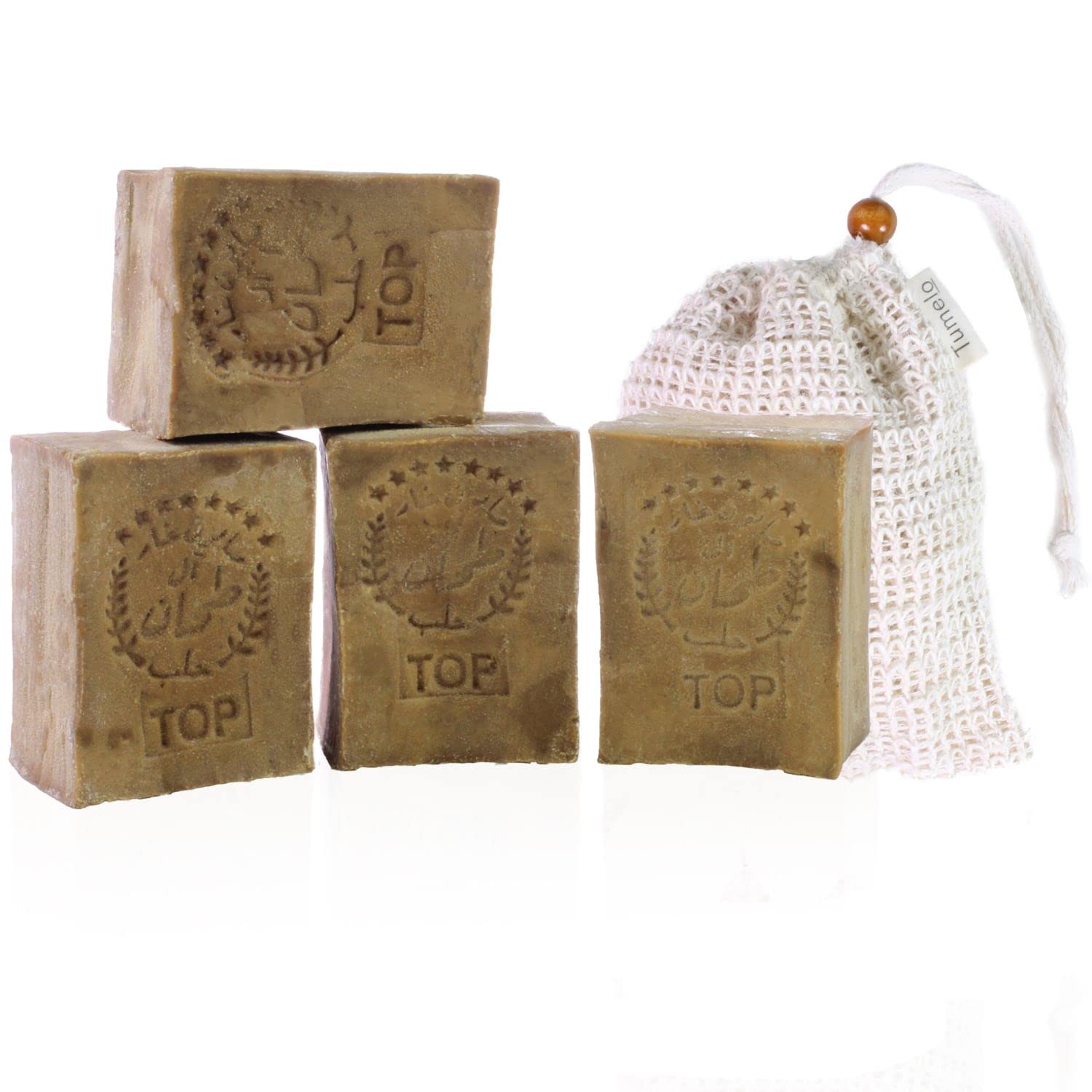 TUMELO Original Aleppo Soap 4 x 200g (800g) 70% Olive Oil 30% Laurel Oil + Soap Pouch - Handmade Olive Oil Soap - Natural Soap - Solid Hair