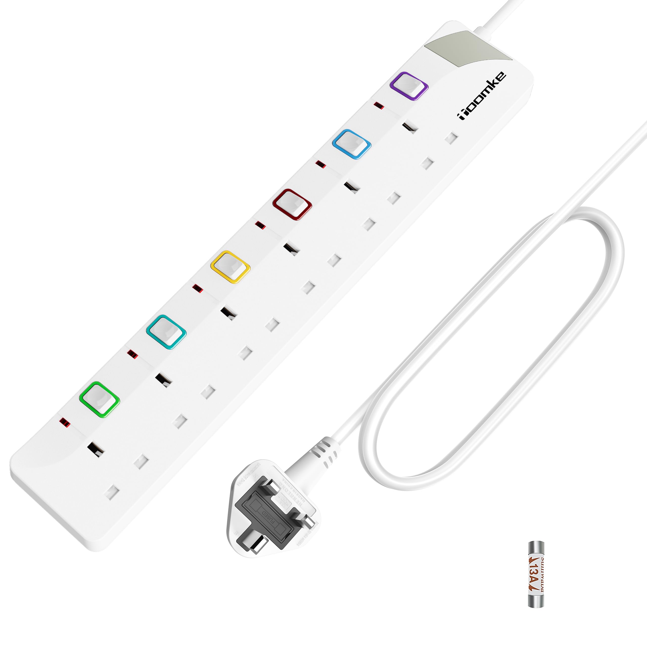 Toomke Extension Lead with Individual Switches 5M, 6 Way Power Strip Wall Mountable Plug Socket Extension 13A Fused UK Plug 5 Meter Long Extension