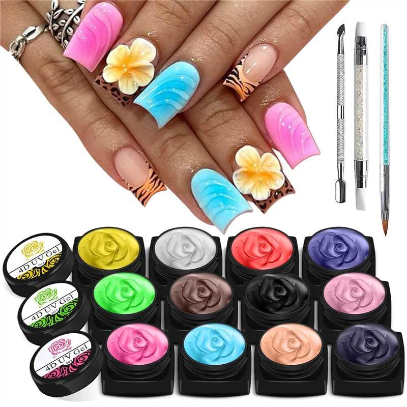 EBANKU Sculpture Carved Nail Gel Set, 12 Color 3D Nail Carved Gel Nail Polish with 1pcs Nail Art Sculpture Pen, 1pcs Double-ended Nail Cuticle Pusher