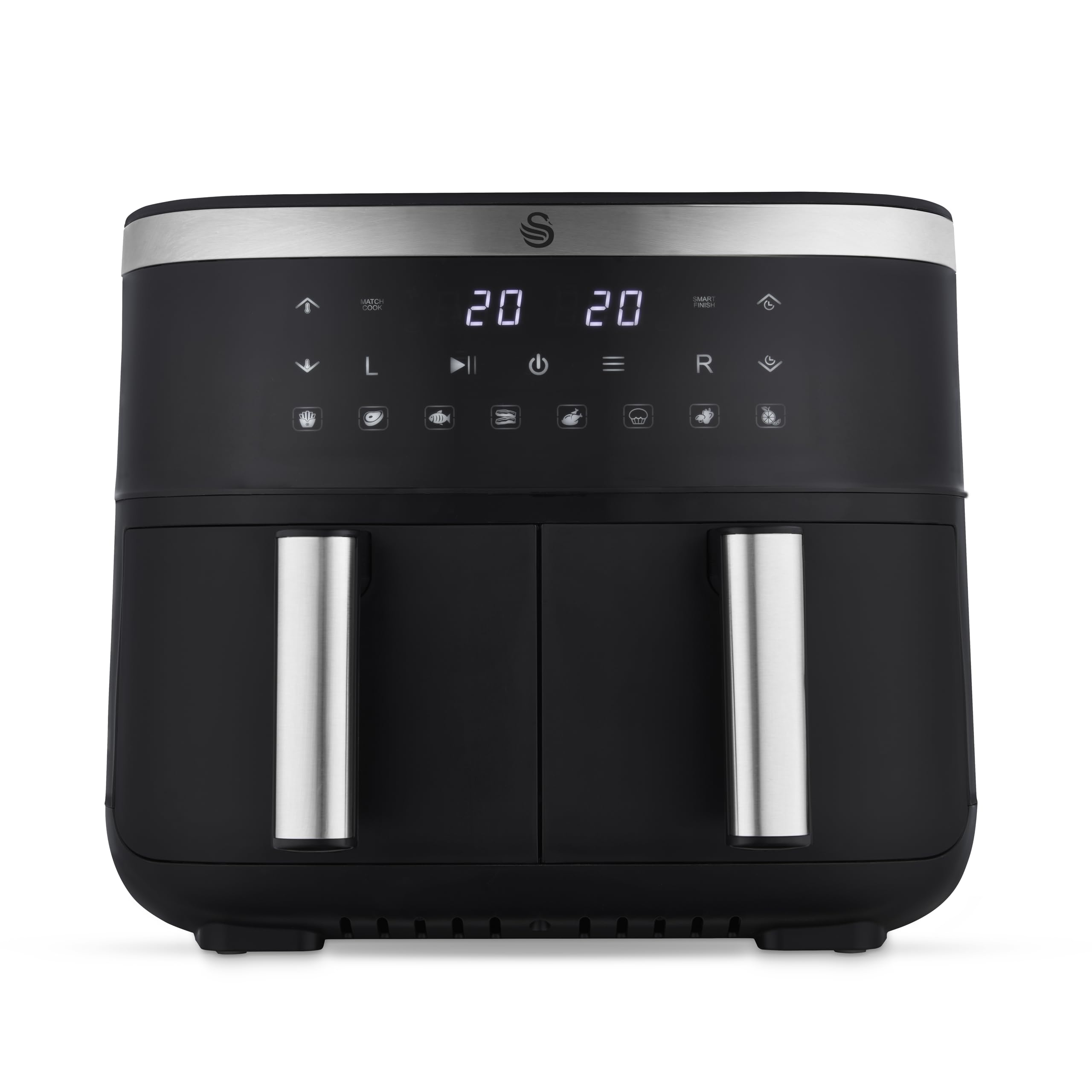 Swan SD10518BLK Dual Basket Digital Air Fryer with Swan Cyclone Technology, 8 Pre-Set Cooking Options, Adjustable Temperature, 7.6L, 2850W, Black