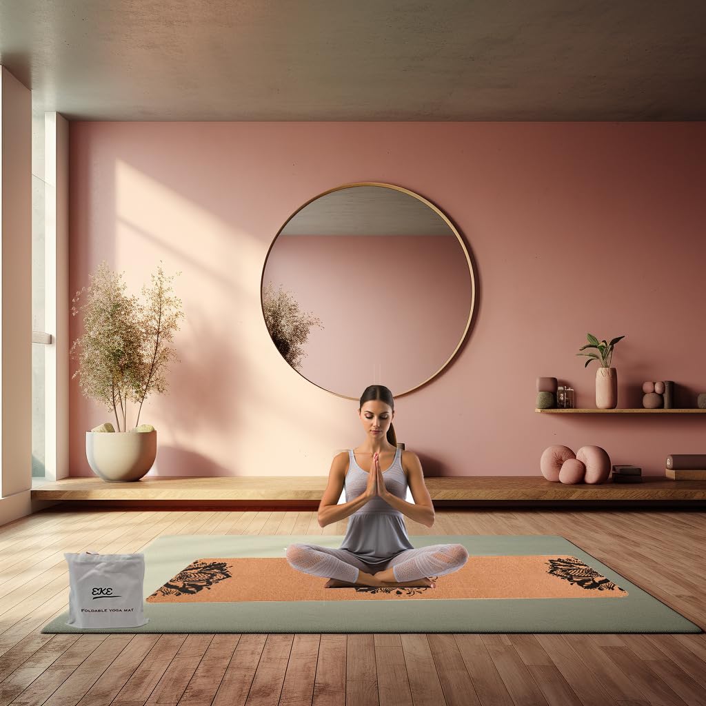 EKE Cork Folding Yoga Mat, 5mm Thickness, Standard Size, Foldable, Lightweight and Portable, Suitable for Yoga, Pilates, Fitness, Sports, Training,