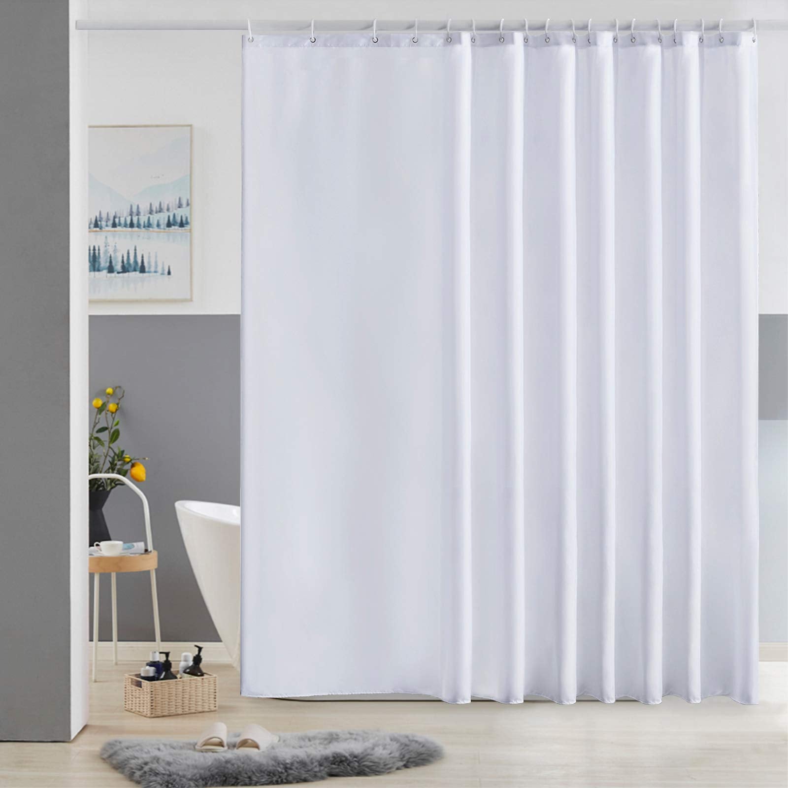 Furlinic Extra Wide Shower Curtain Fabric Washable Mould Proof Waterproof for Bathroom Bath Curtains Sets With 18 PCS Plastic Hooks White 108 x 72