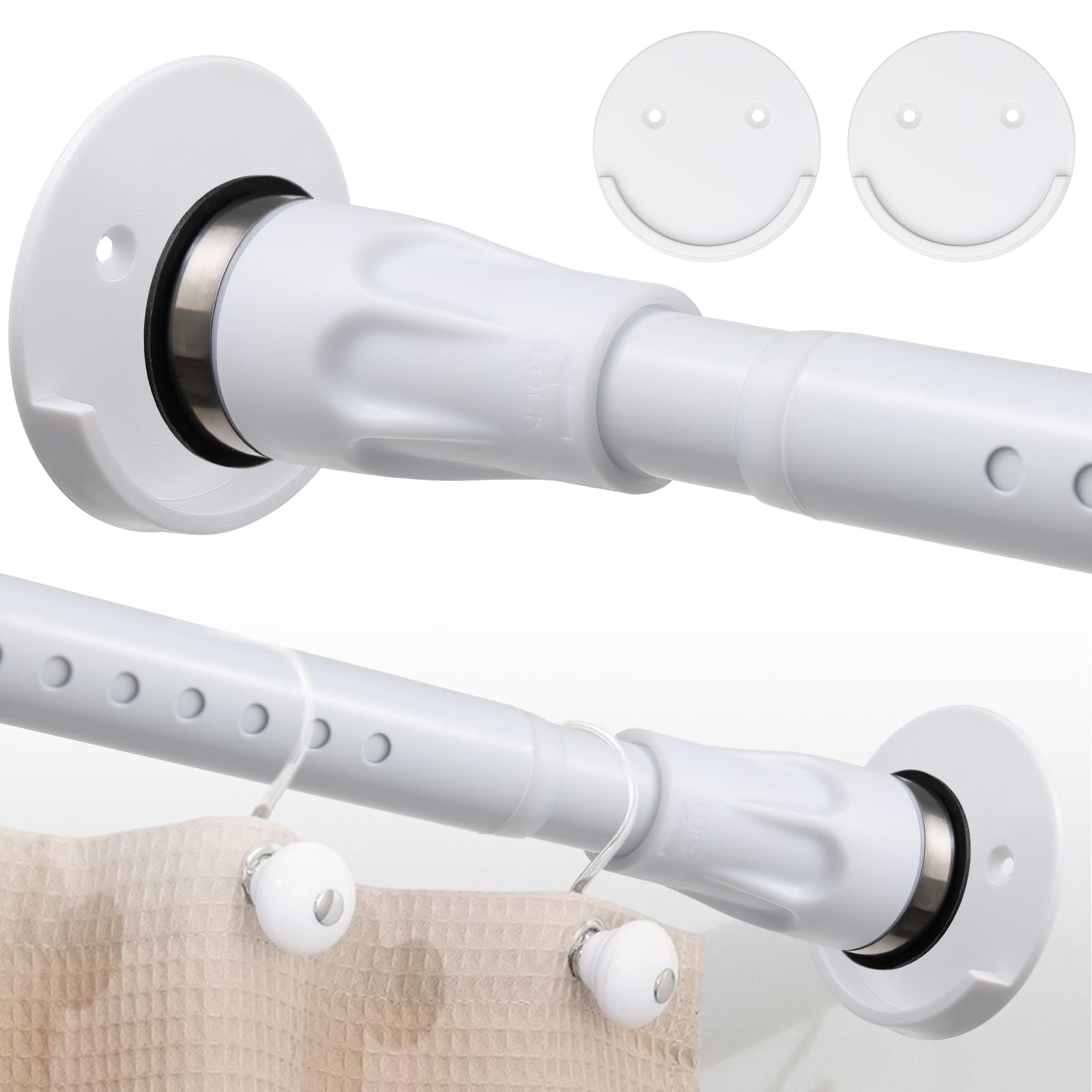 Starbover White Shower Curtain Pole, 28mm Shower Curtain Rod Heavy Duty 109-223cm, Telescopic Shower Curtain Poles Metal Extendable Wall Mounted for