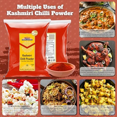 Rani Kashmiri Chilli Powder (Deggi Mirch, Low Heat) Indian Spice 80oz (5lbs) 2.27kg Bulk All Natural | Salt-Free | Kosher | Vegan | Gluten Friendly | Perfect for Deviled Eggs & Other Low Heat Dishes