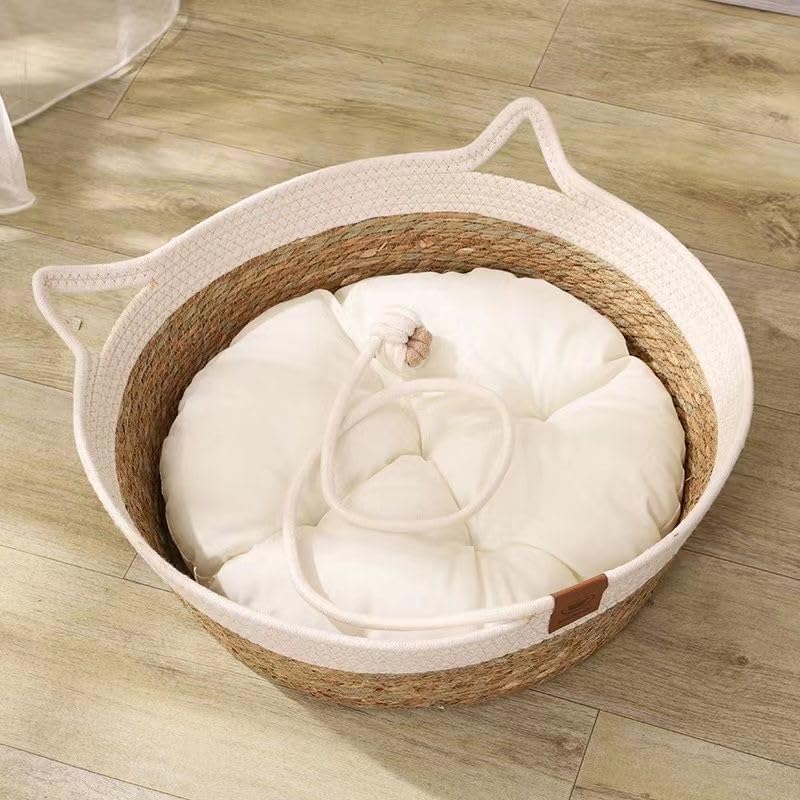 Rukuapid Rattan Cat Basket Bed with Cotton Cushion and Pillow, Wicker Kitten Basket with Toy Ball, Round Cat Beds for Indoor Cats Woven Cat Sleeping