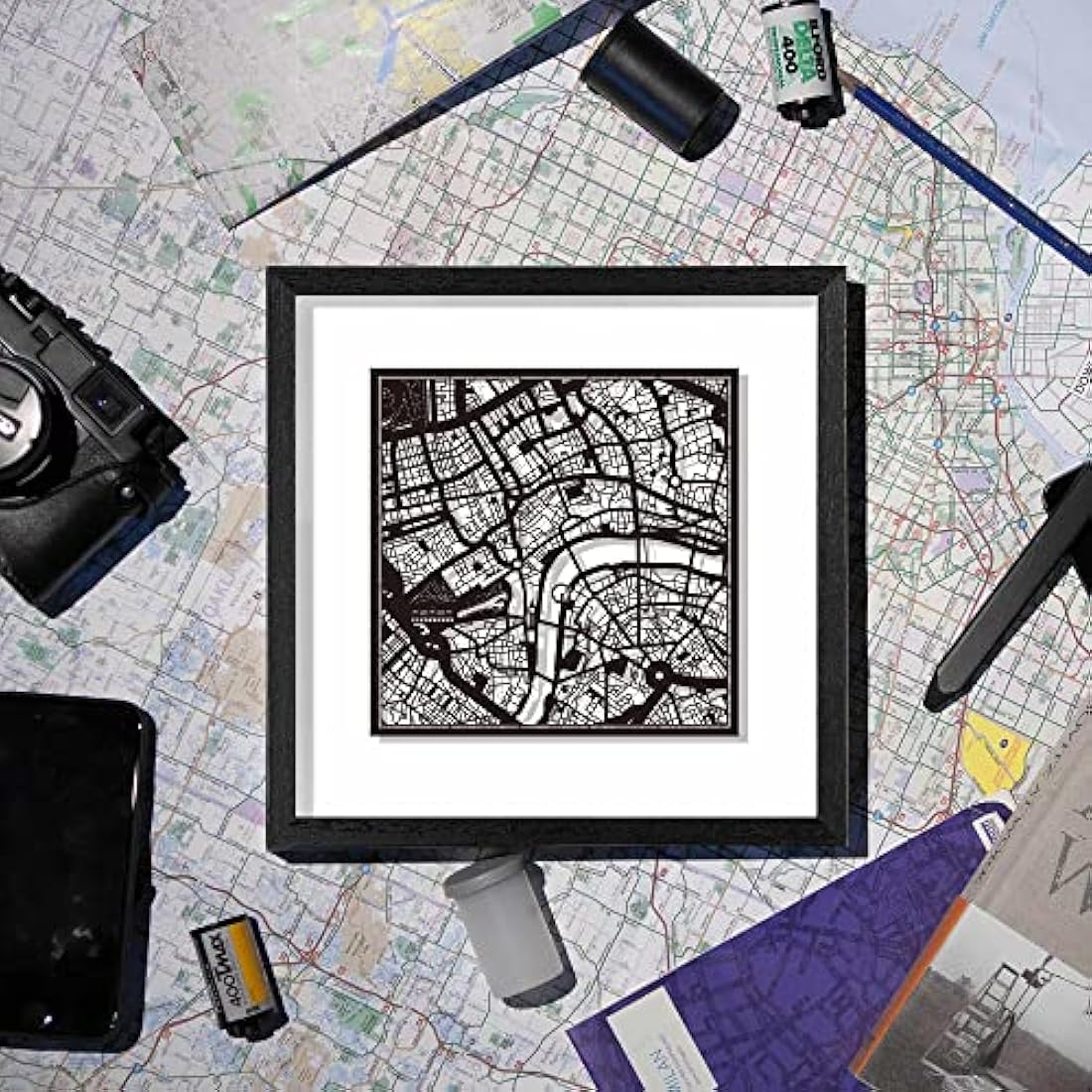 O3 DESIGN STUDIO Aberdeen Paper Cut Map framed, Black map, Black frame, 23x23 cm, Gift Boxed, 2 background color, self-changing, Paper Art