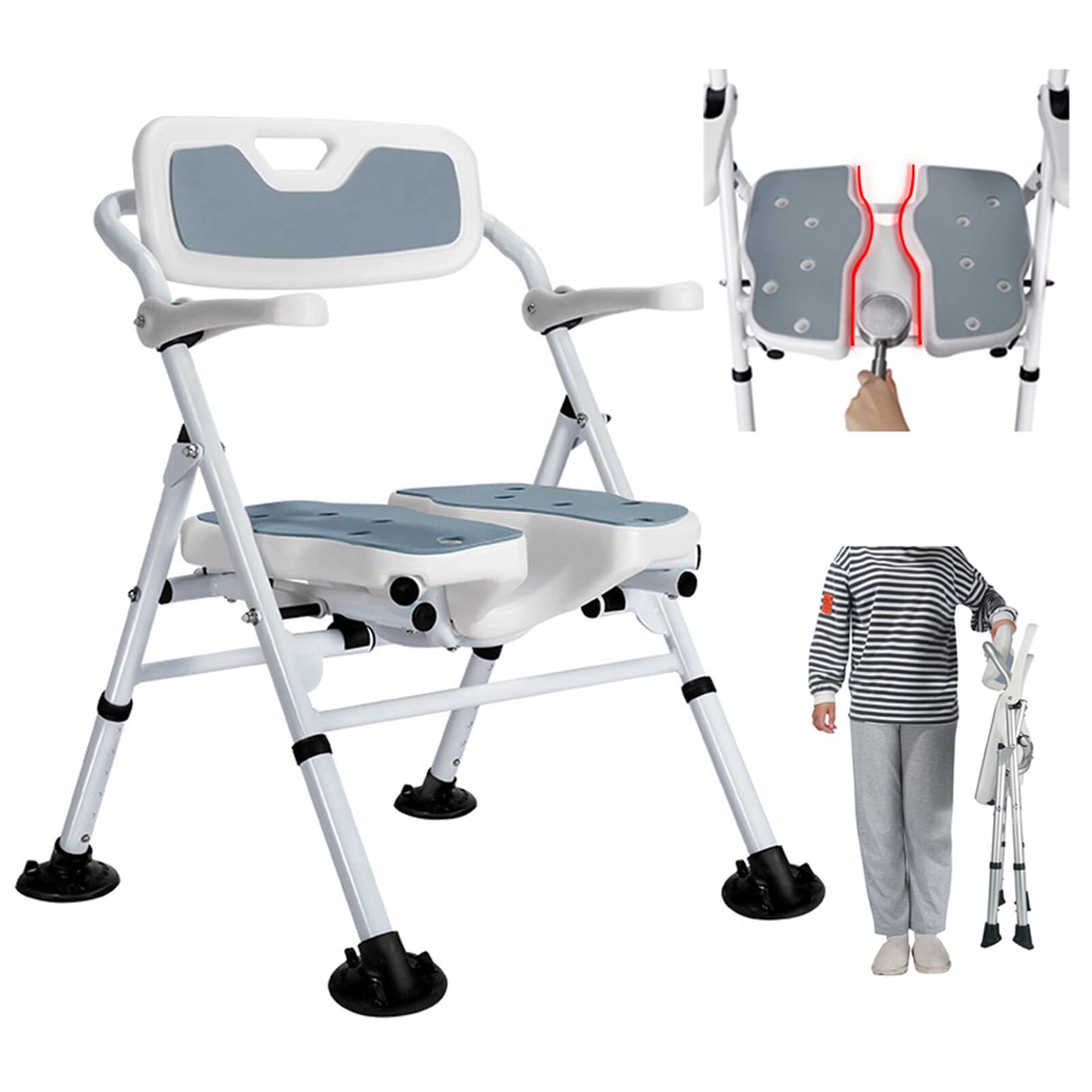 NJUN Foldable Shower Chair Aluminum Shower Stool Height Adjustable No Assembly Non-Slip Design Shower Chair with Armrest 150kg