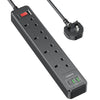 NVEESHOX Black Extension Lead 2M (13A 3250W), 4 Way Outlets Extension Cord, Surge Protected Extension Lead with USB Slots (2 USB-A & 1 USB-C), Multi