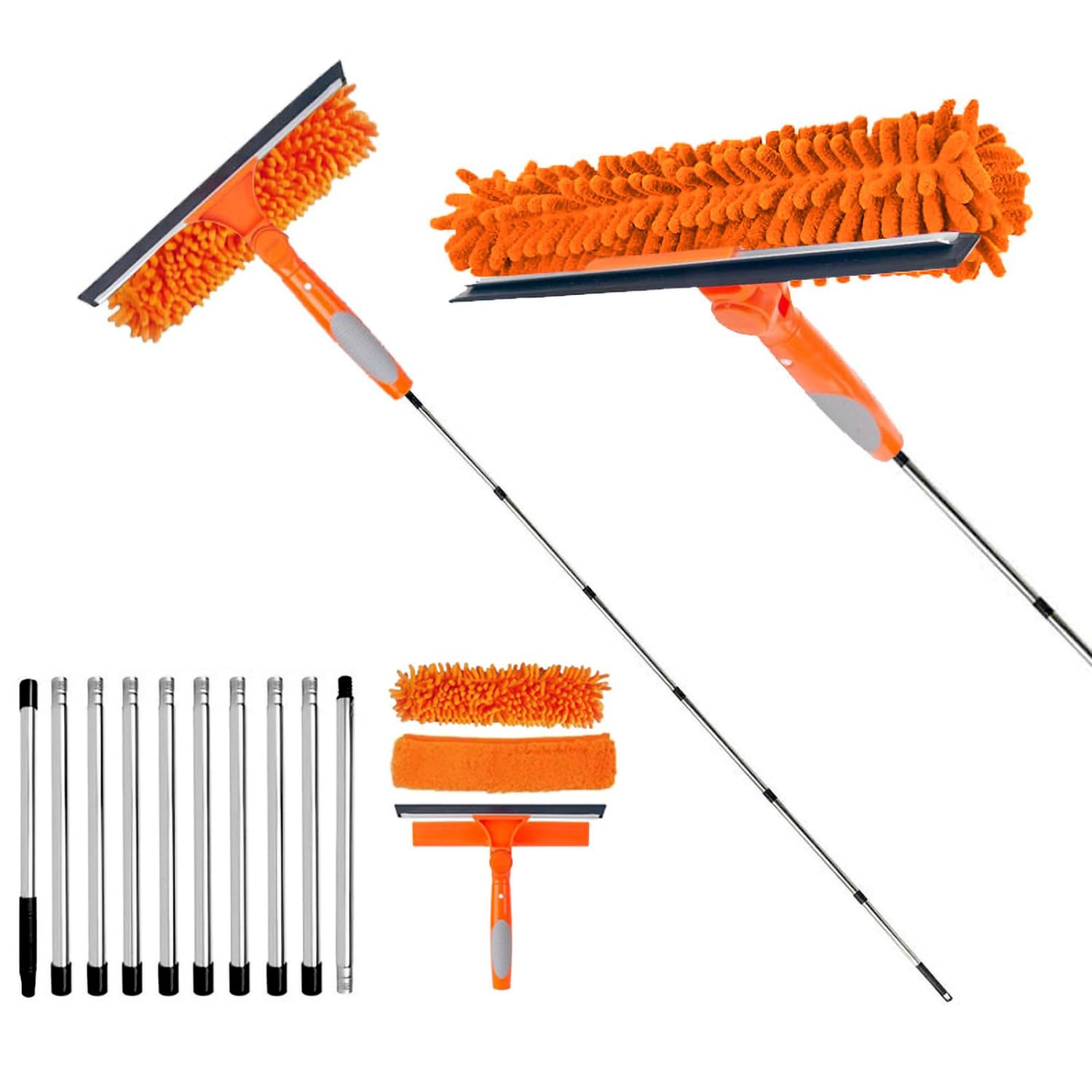 4m Rotatable Window Cleaning Tool Kit, include 10" Glass Squeegee and Microfiber Pad Combo, 13.7ft Extendable Pole,Specialized Glass Cleaning