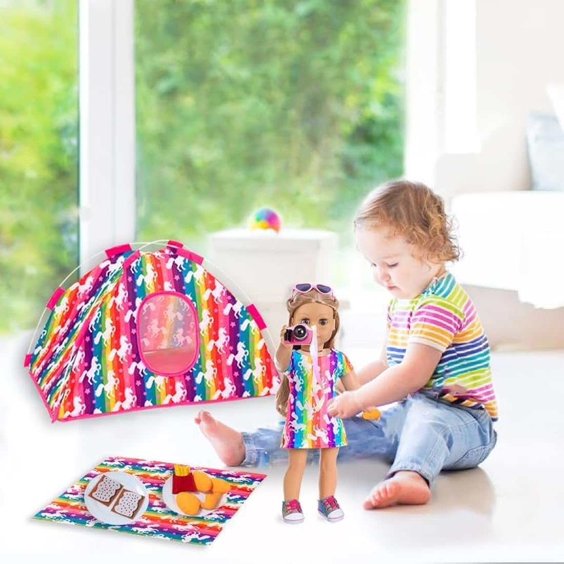 ZITA ELEMENT Unicorn Doll Camping Tent Set for 18 Inch Girl Doll Accessories Including 18 Inch Doll Tent Placemat Doll Clothes Chocolate Cookies Chicken Nuggets Paper Campfire eyeglasses