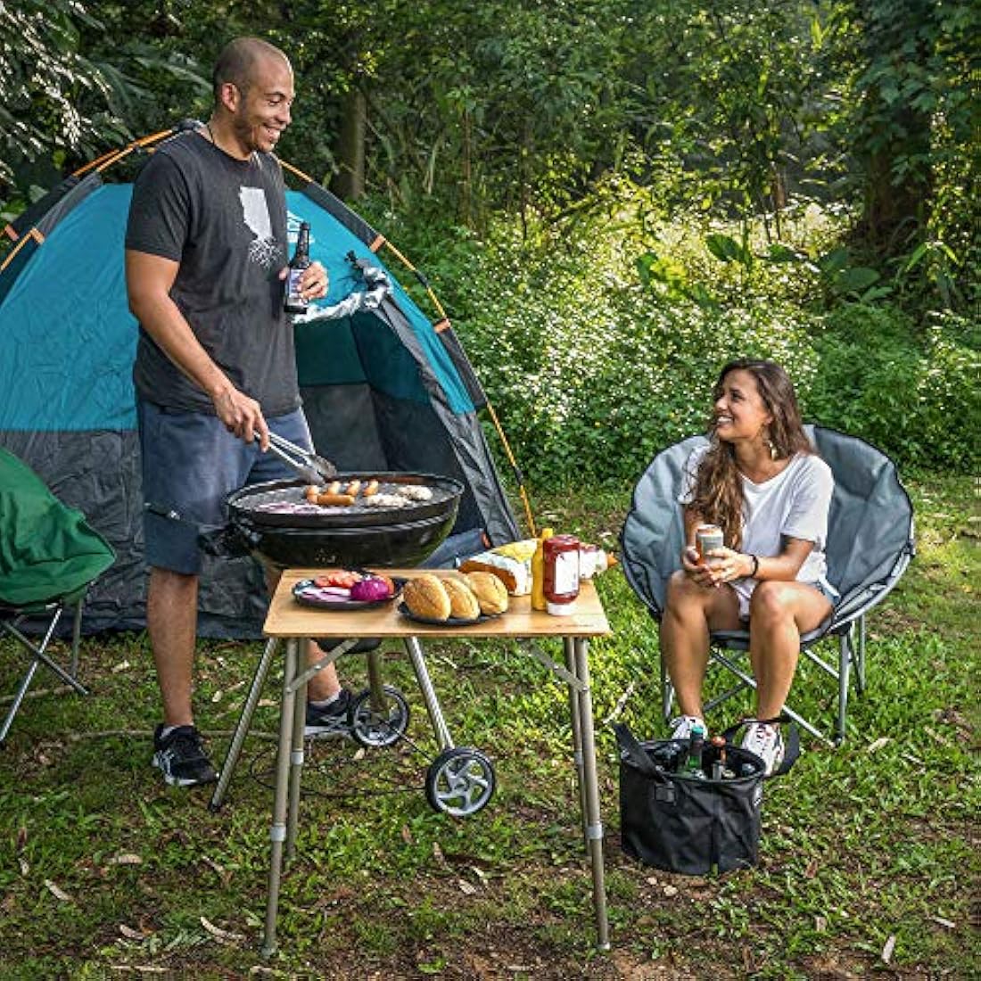 Navaris Wooden Folding Table - Bamboo Height Adjustable, Foldable Camping Table for Outdoors, Picnics with Telescopic Aluminium Legs