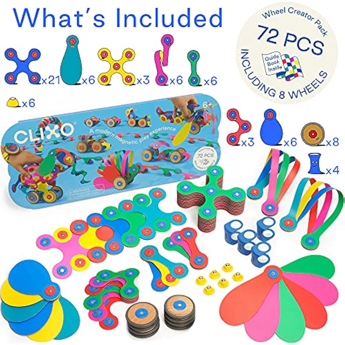 Clixo - Wheel Creator Pack, Magnetic Tiles for Kids - Magnetic Game with 72 Multicolour Pcs - Children's Games, Magnetic Shapes, Construction Toys for Boys and Girls - 72 Pcs