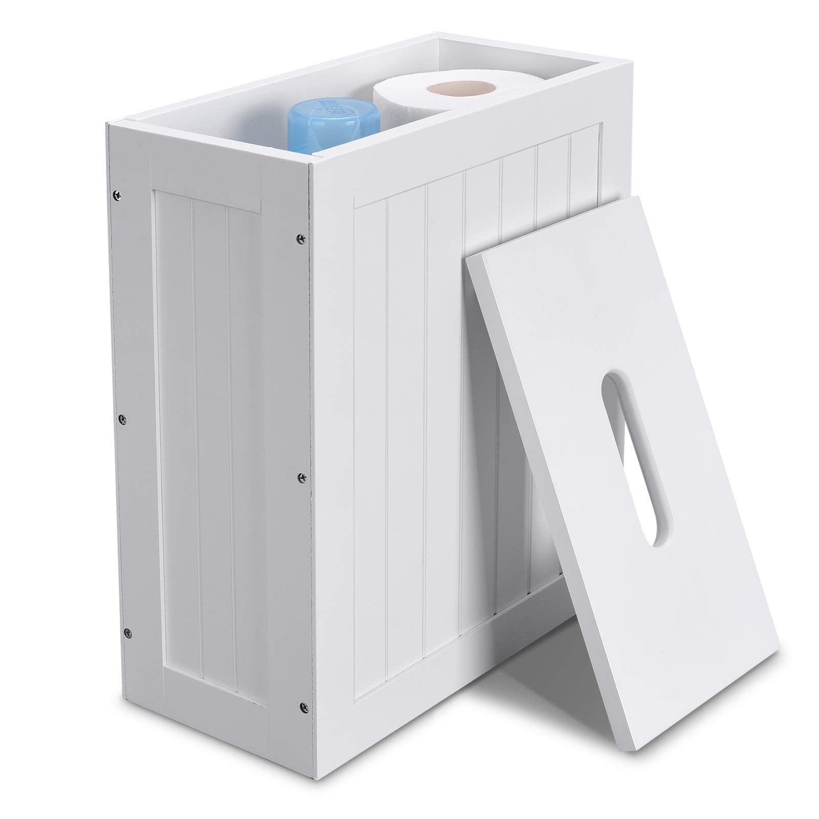 Lantaly Slimline Wooden Bathroom Storage Unit, Toilet Roll Paper Cabinet, Compact Shaker, Multi-Purpose Cleaning Tidy Box,White