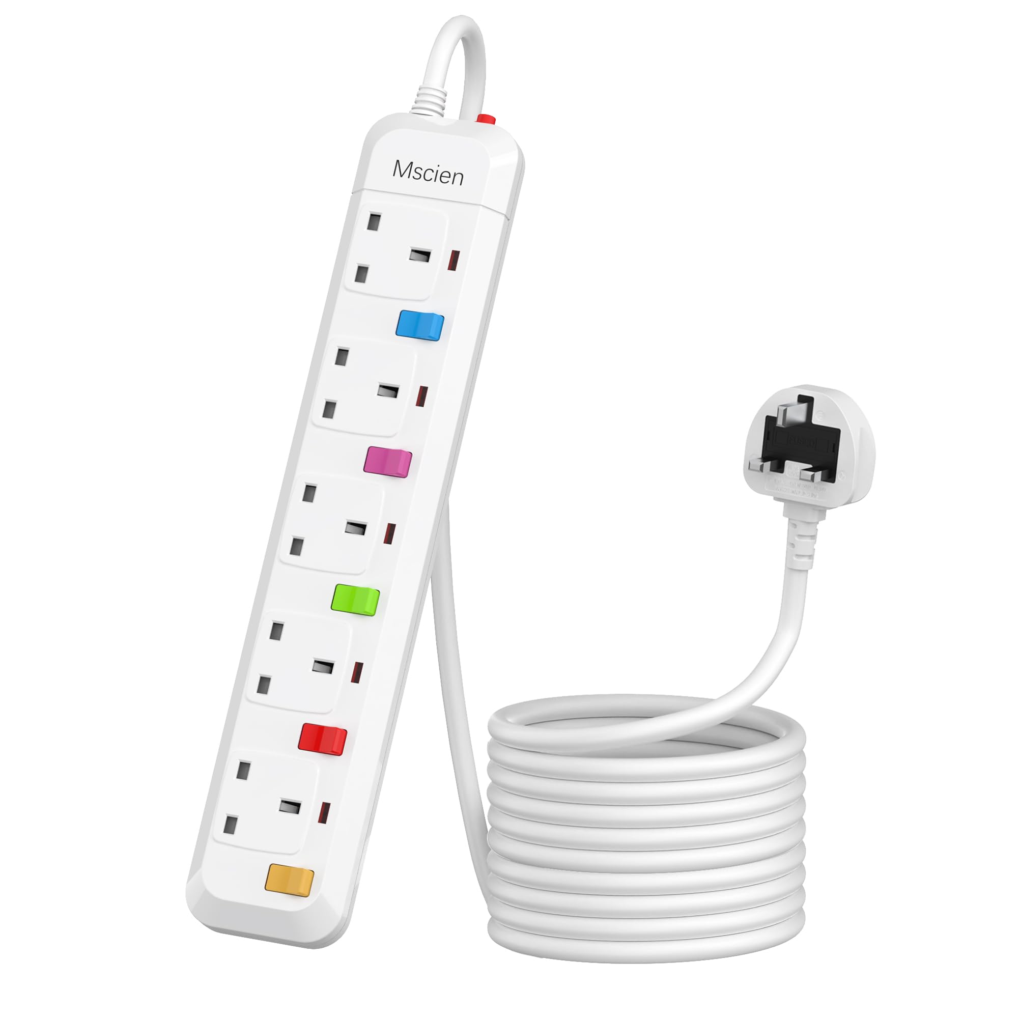 6M Long Extension Lead with Switches, Mscien 5 Way Extension Socket Surge Protected Overload Extension Cable, UK Power Strip Mountable with 6 Metre
