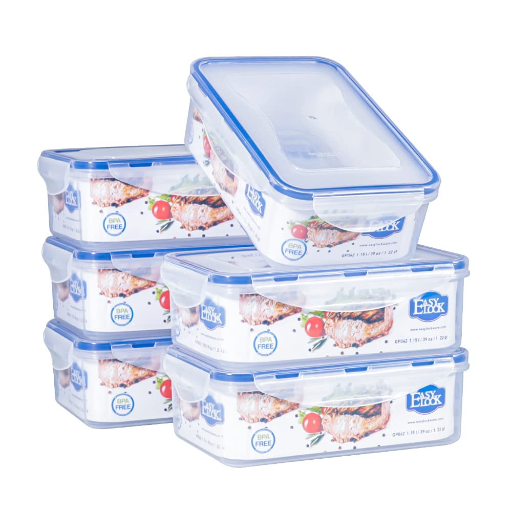 EASYLOCK 6 Pack Airtight Food Storage Container with Lids, Plastic Meal Prep Containers Reusable, 1.15L, Leak-proof Microwave Freezer Dishwasher Safe