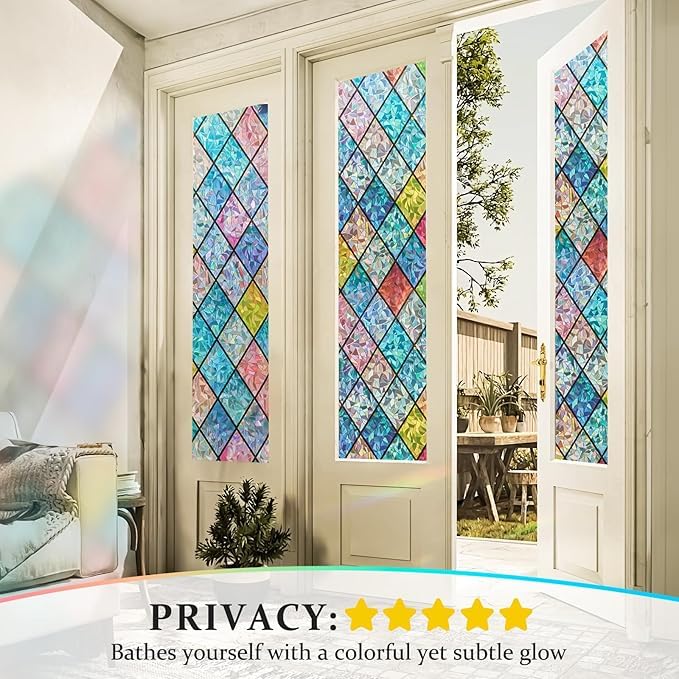 Beautysaid Rainbow Privacy Window Film: Stained Glass, No-Glue Frosted Window Film, Static Cling Film (Multicolor, 90x300cm