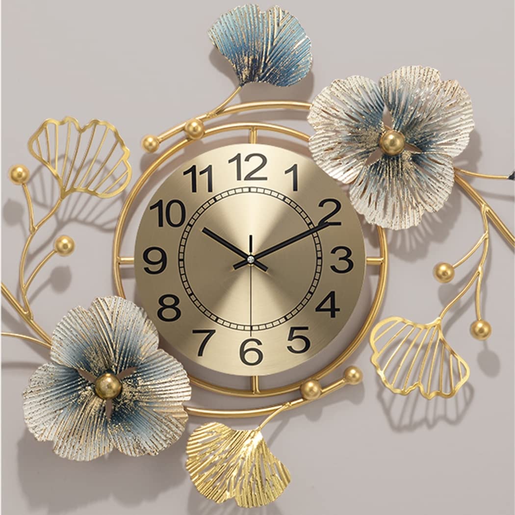 Large Silent Modern Decorative Wall Clock,Elegant Wrought Iron Wall Clocks Ginkgo Leaf Mute Wall Quartz Clock for Living Room Bedroom Hotel Porch (94