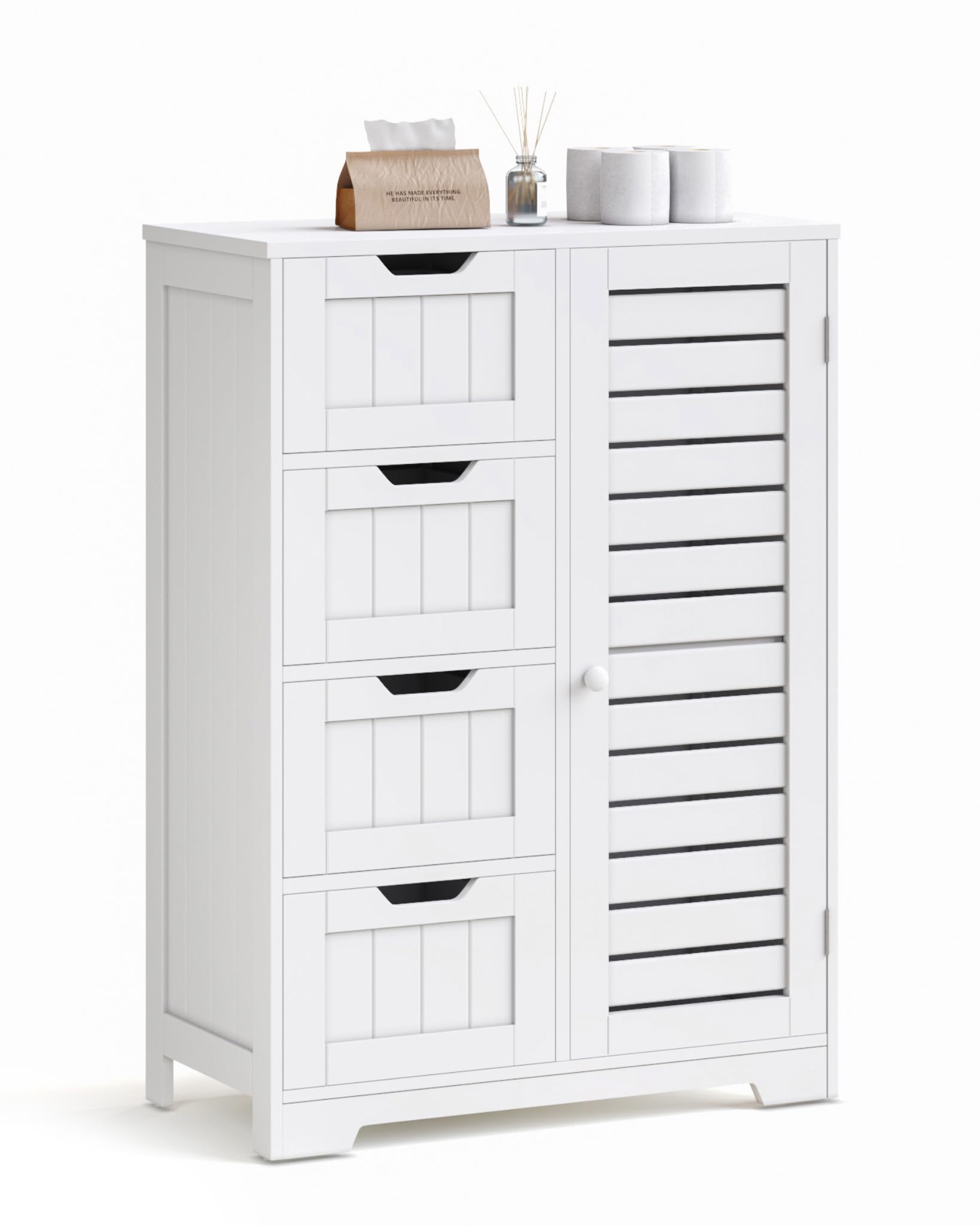 Mondeer Bathroom Floor Cabinet, Wooden Freestanding Storage Unit with 4 Drawers and 1 Louvered Door Adjustable, Shelf for Bathroom Living Room Kitchen