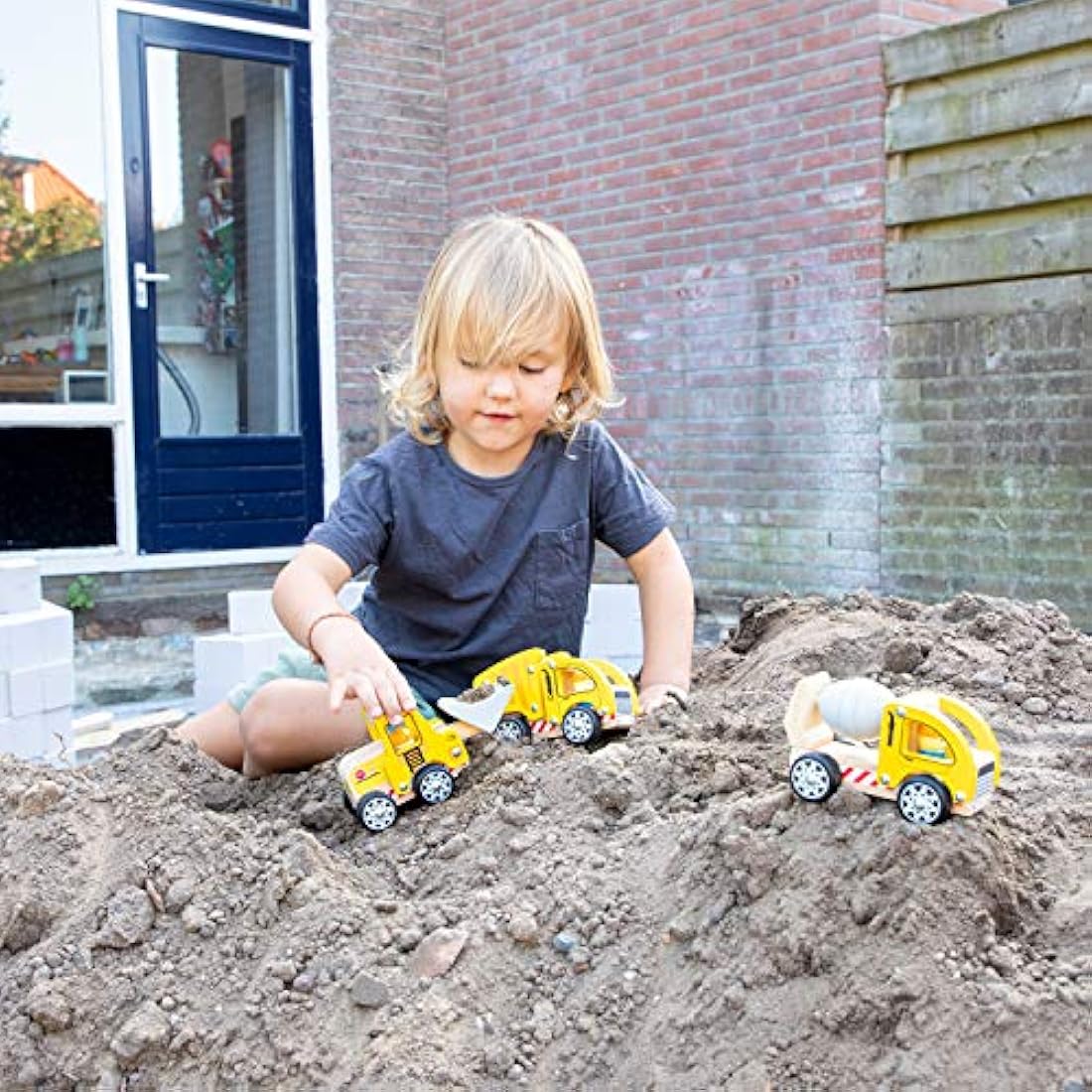 New Classic Toys 11948 Wooden Construction Vehicles Set for Toddlers First Cars for One Year Old, Yellow