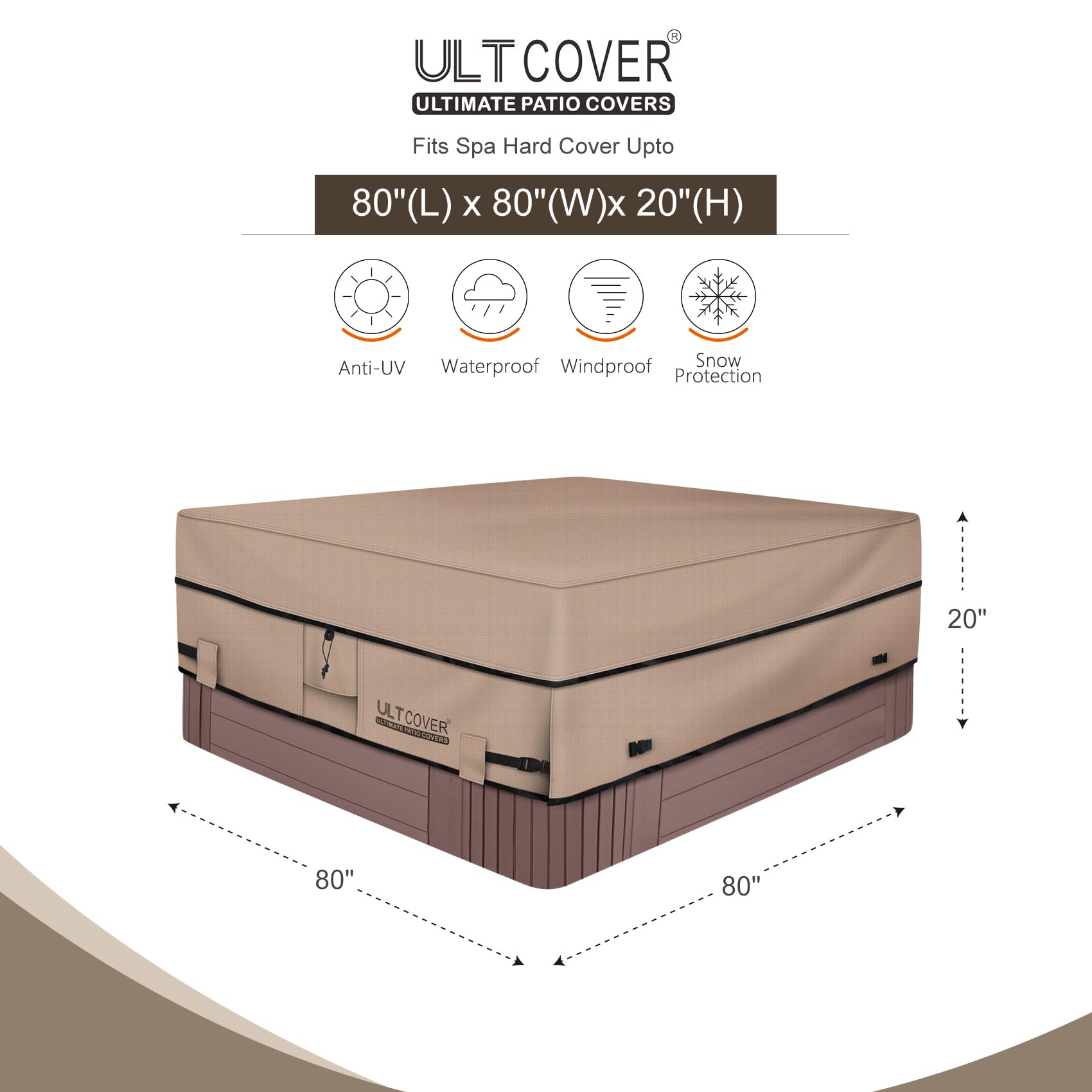 ULTCOVER Waterproof 600D Polyester Square Hot Tub Cover Outdoor SPA Covers 80 x 80 inch