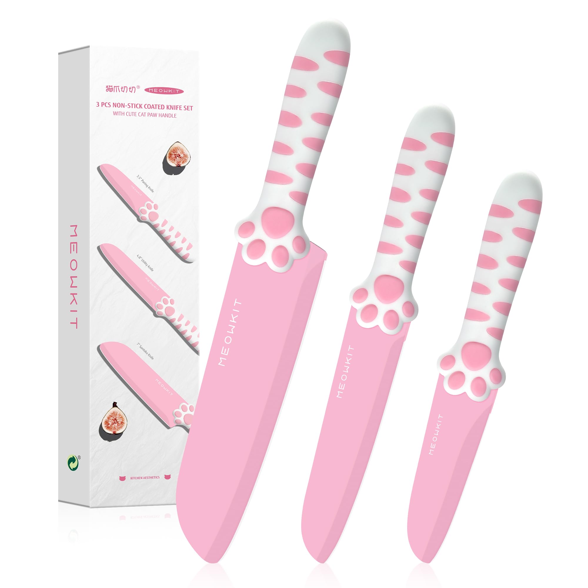 MEOWKIT Stylish & Cute 5 Pieces Kitchen Knife Set with Non-Stick Coated Cat Paw Handle for Modern Kitchens, Daily Use and Gift Giving (Pink)