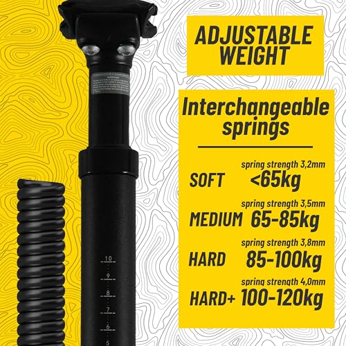 BikePeak Seat Post Suspension in Black Including 4 changeable Springs 27.2/30.9/31.6 mm | 350 mm Long Adjustable Shock Absorber Seatpost (Length 350