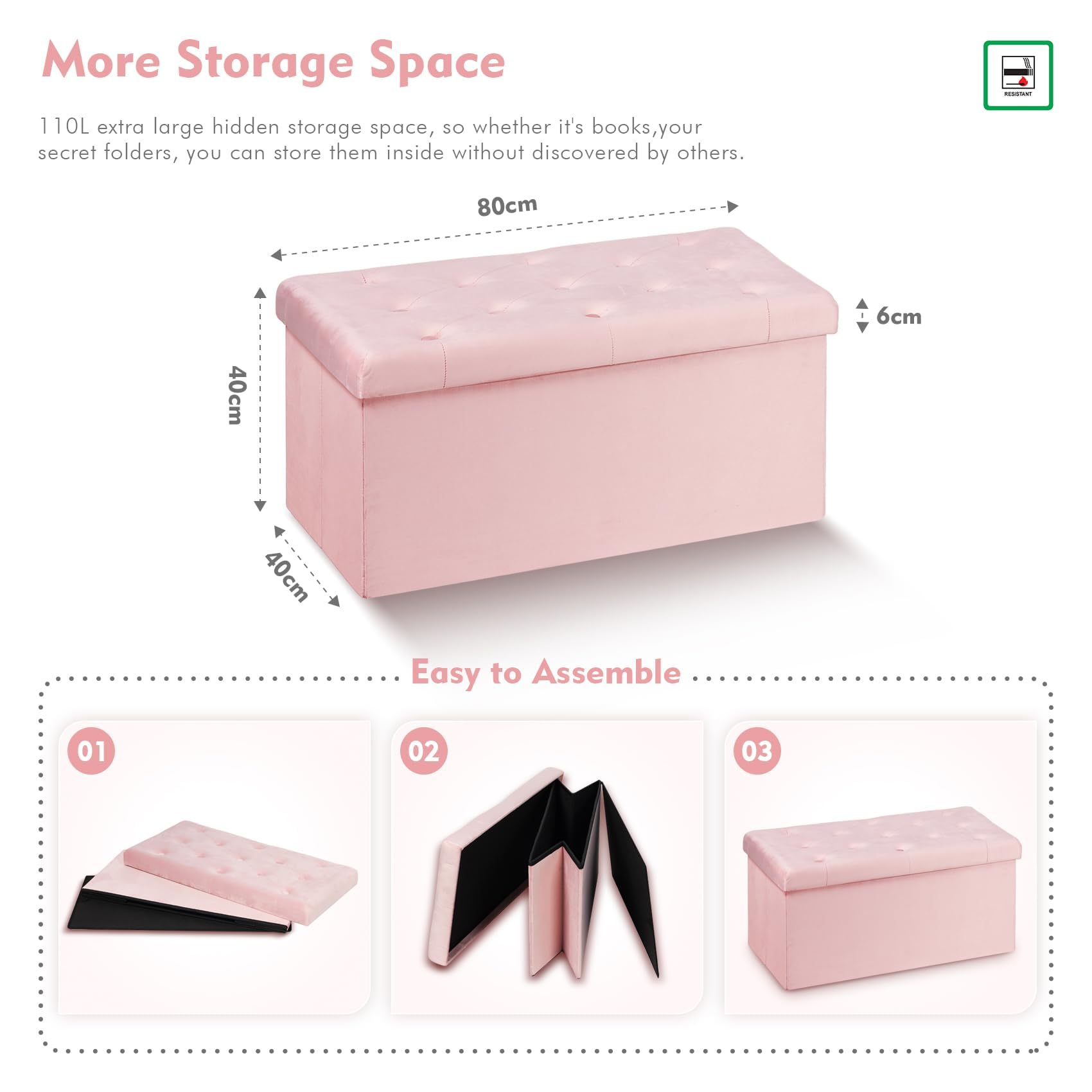 Bonlife Pink Folding Velvet Ottoman Storage Bench,Footrest Stool Seat,Toy Chest Storage Box with Lid,Footstool for Living Room,80x40x40cm