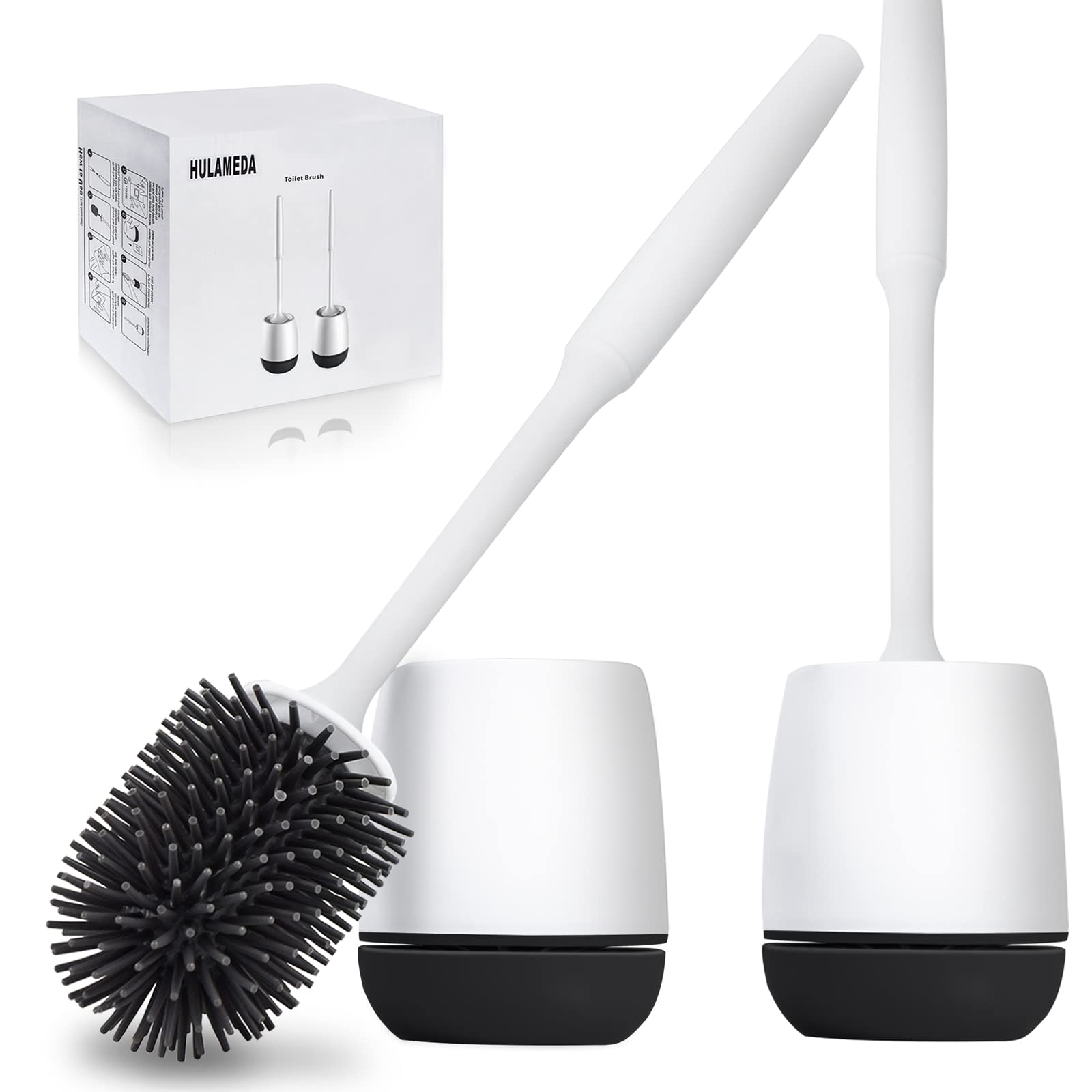 Hulameda Toilet Brush and Holder 2 Pack, Silicone Toilet Cleaning Brush with Quick Drying Holder, 4 x 5.5 Inches, Black & White, (Flooring/Mounted