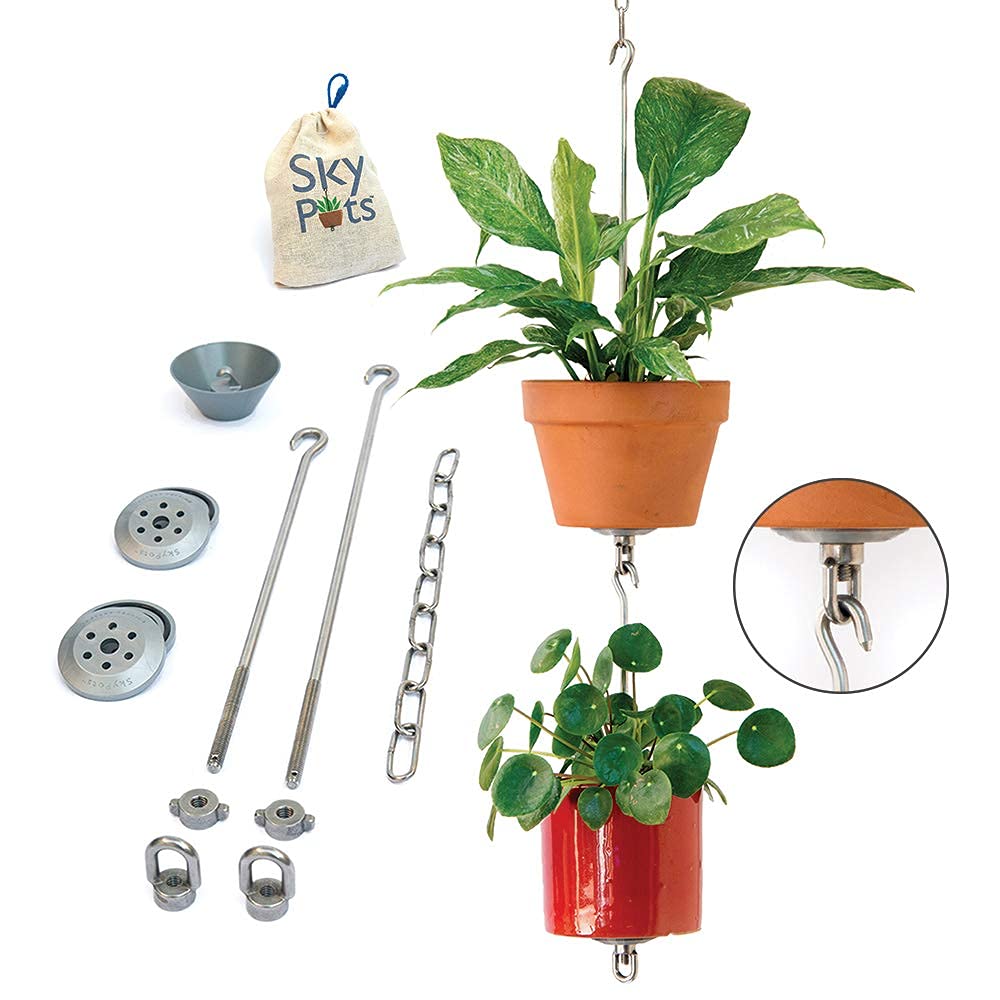 SkyPots ? Two Pack, Pot Hanger Kits + Accessories - Hang and Connect Your Clay Pots, Stainless Steel - Indoor/Outdoor - Connectable Hanging Planter