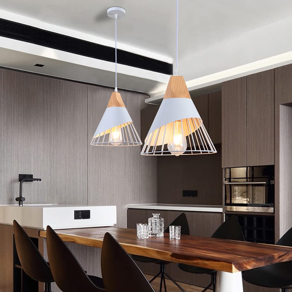 WOWEWA White Modern Pendant Light Over Kitchen Island,Adjustable Wood Hanging Light Fixture,E27 Industrial Pendant Lighting for Dining Room,Living