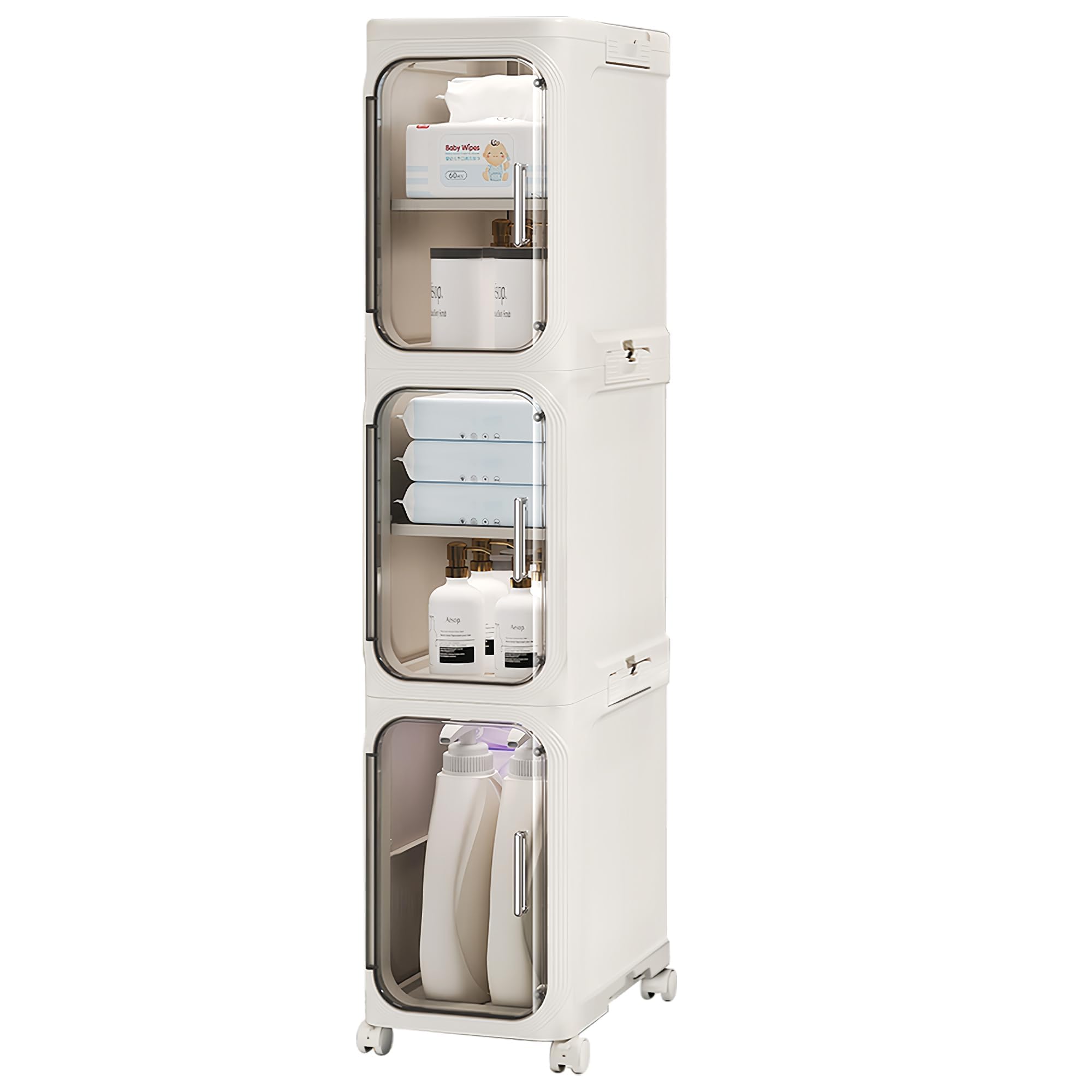 Lacusmall Tall Narrow Storage Cabinet, 3 Tier Slim Bathroom Floor Cabinet with Transparent Doors and Shelves, Foldable Storage Unit, Plastic Slim