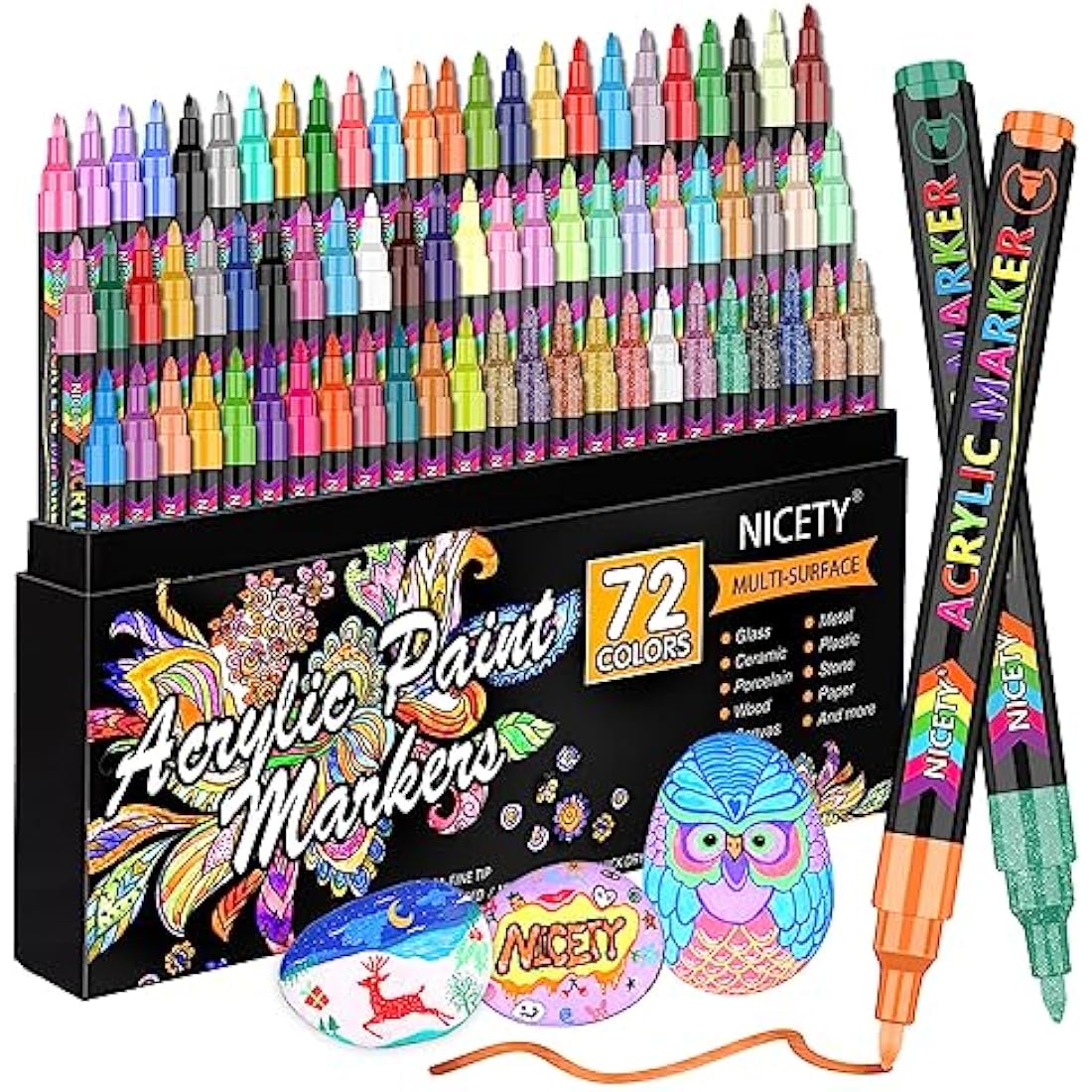 NICETY Acrylic Paint Pens Set - 72 Colours Paint Markers for Rock Painting Stone Glass Ceramic Wood Metal Fabric - 0.7mm Extra Fine Tip Water Based Acrylic Markers for Adults