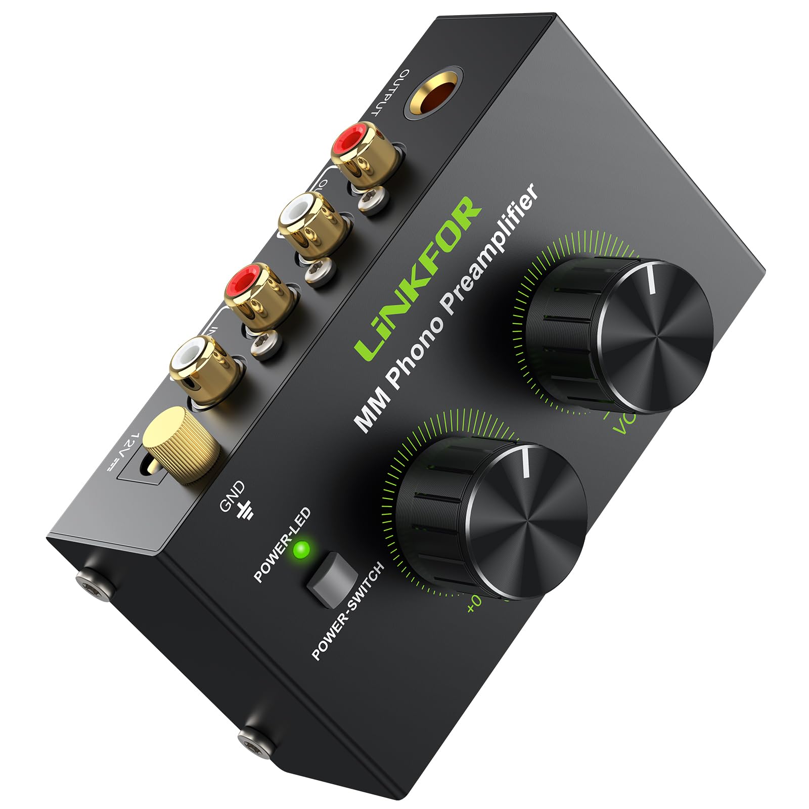 LiNKFOR Phono Preamplifier for MM Turntable - Compact Ultra-Low-Noise Phono Preamp with Gain Knob and Master Volume Knob, RCA + 6.35mm Output,