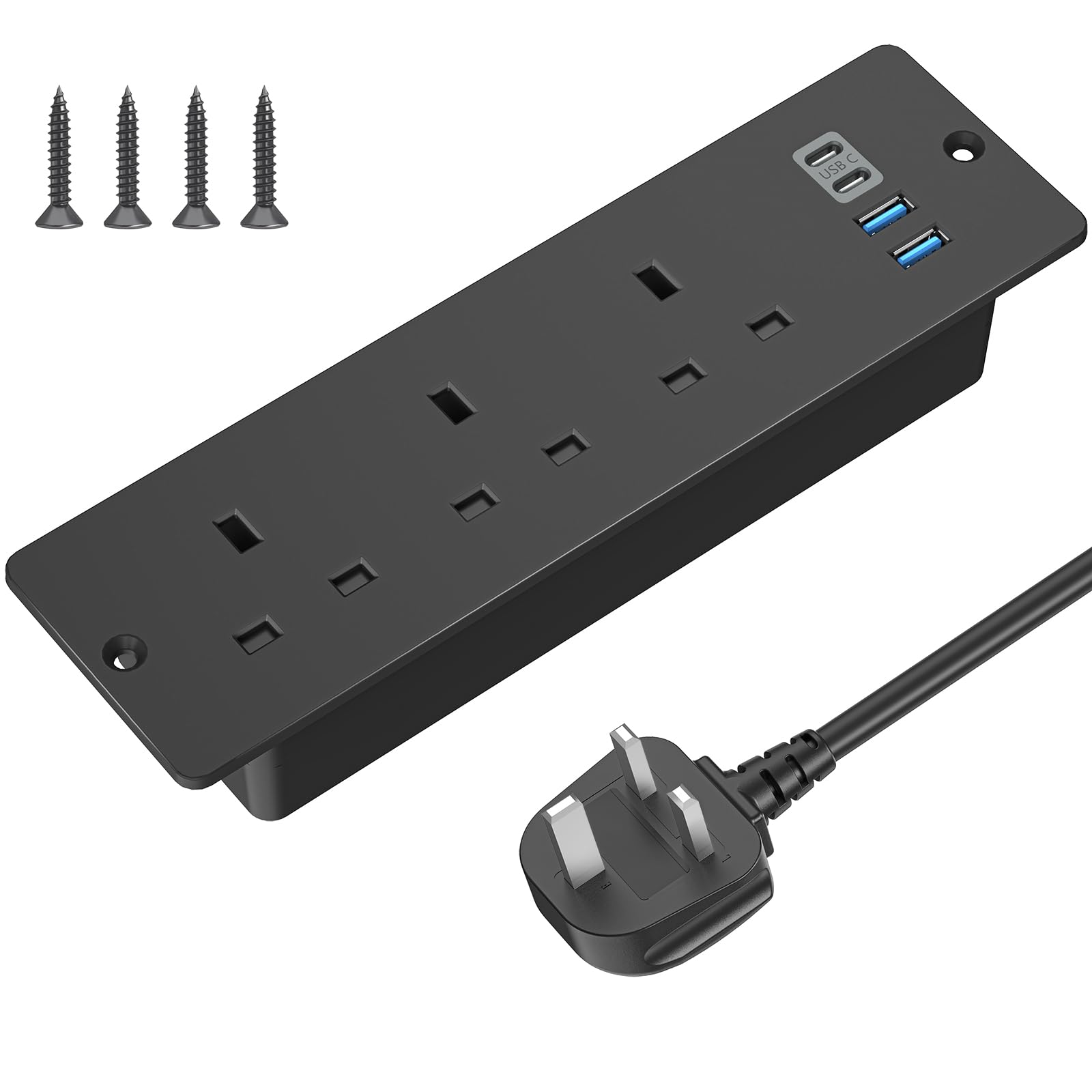 Recessed Power Socket with USB C, ANVODE Hidden Desk Power Sockets with 2 USB A, 2 USB-C Ports, 2M Power Extension Lead with 3 Outlets, Hidden in the