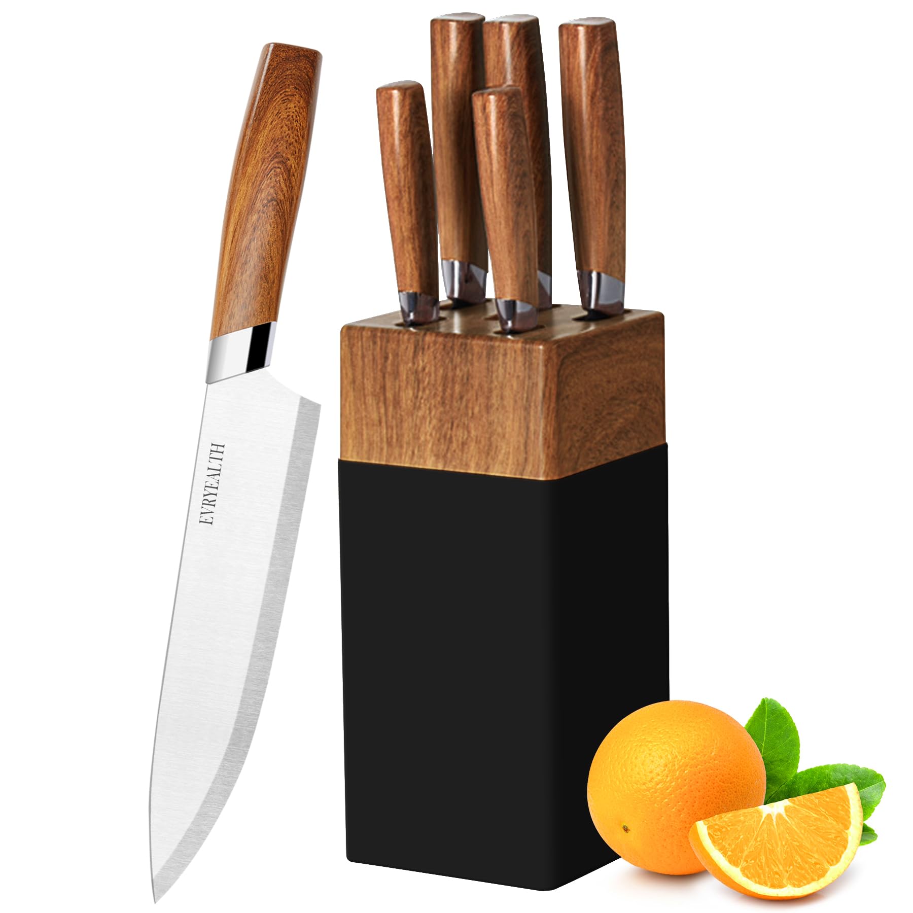lapelux Knife Set - 5 Piece Kitchen Knife Set with Block, Wood Grain Handle, Stainless Steel Kitchen Knives with Chef, Bread, Slicer, Utility, Paring