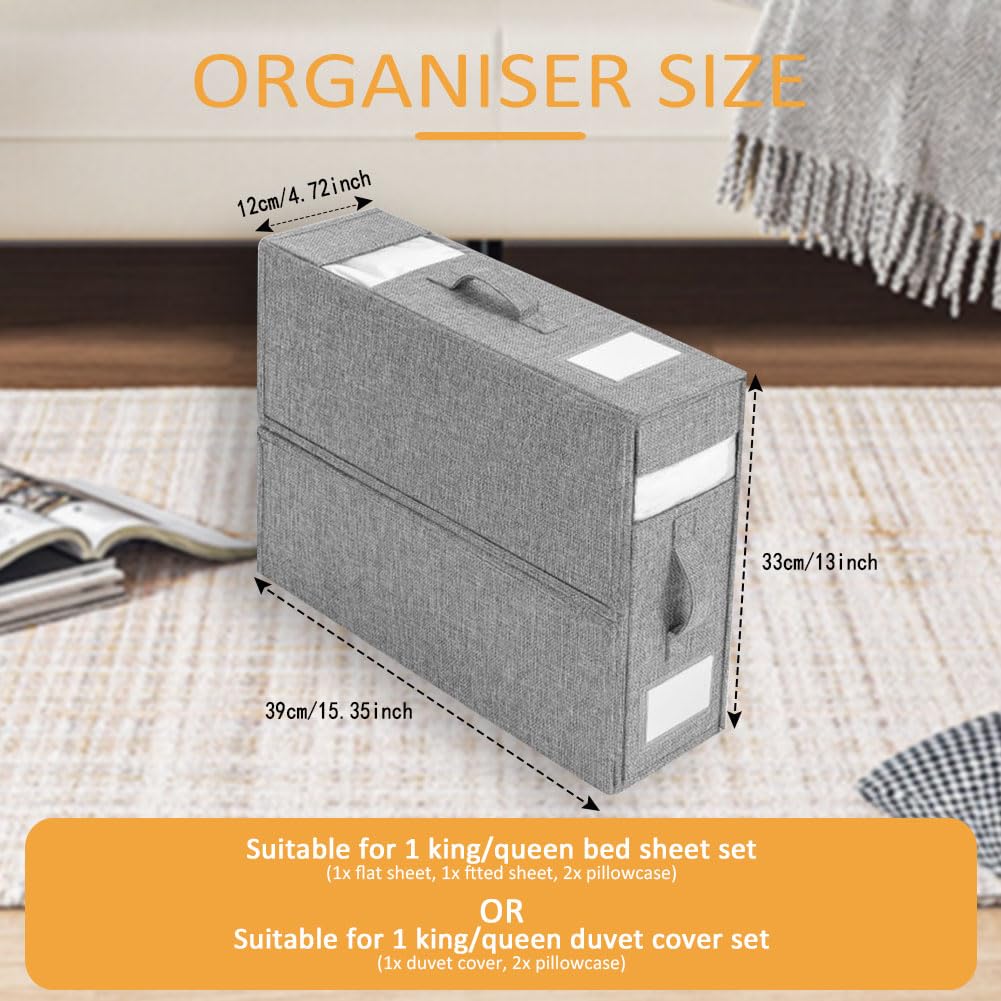 WANGIRL 6 Pack Bed Sheet Organiser Folding Storage, Linen Bedding Organiser Box with Zip for Sheets, Duvet Covers, Clothes, Towels and Blankets (Grey)