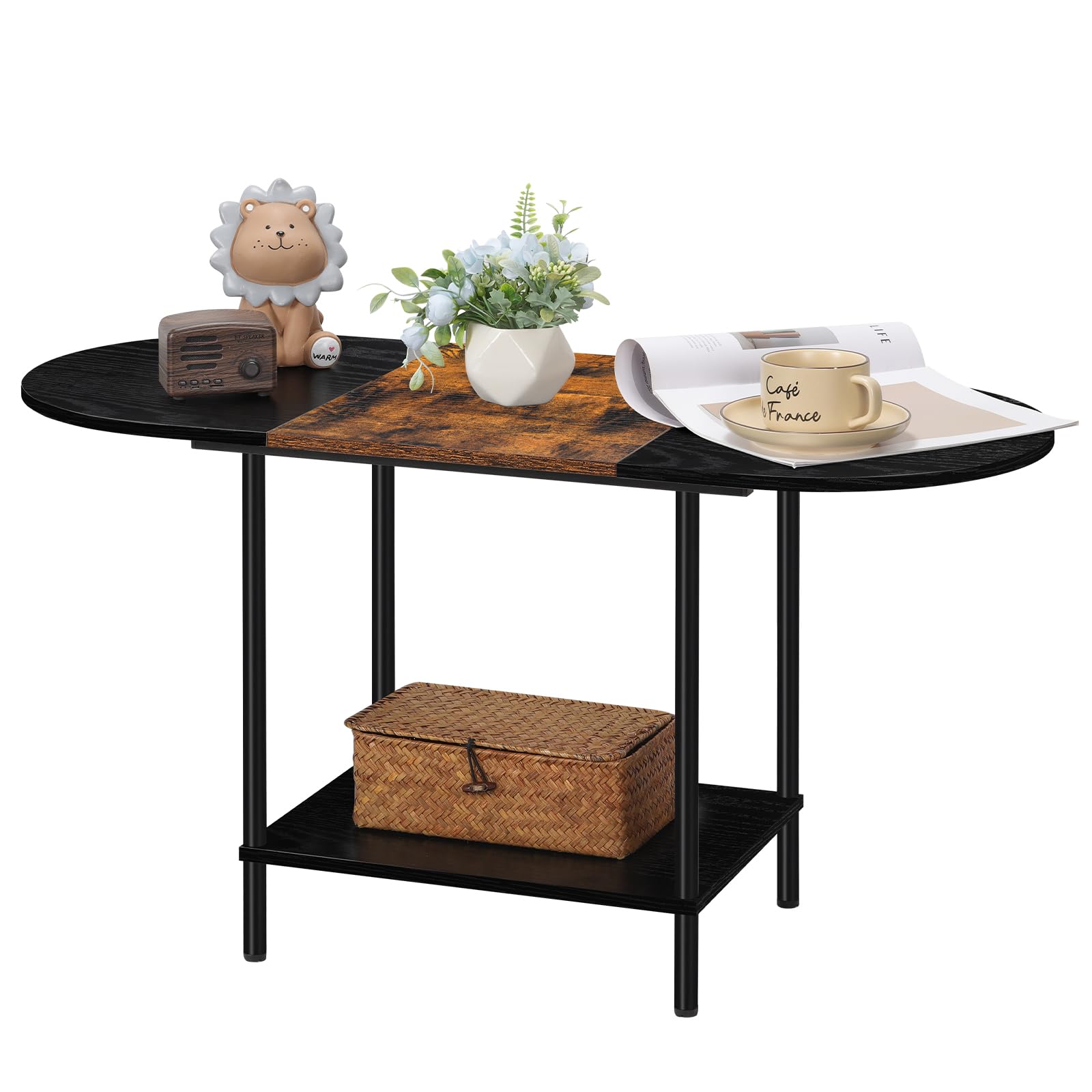 Shinoske Small Coffee Table Living Room Table Industrial Side Table Wood Coffee Table with Storage Shelf Metal Frame for Home Office, Brown & Black