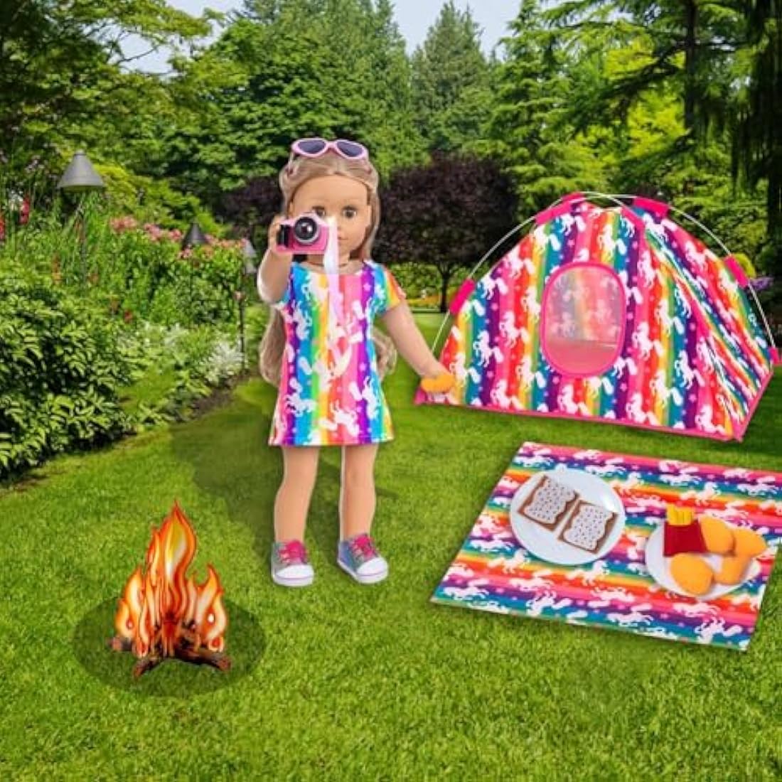 ZITA ELEMENT Unicorn Doll Camping Tent Set for 18 Inch Girl Doll Accessories Including 18 Inch Doll Tent Placemat Doll Clothes Chocolate Cookies Chicken Nuggets Paper Campfire eyeglasses