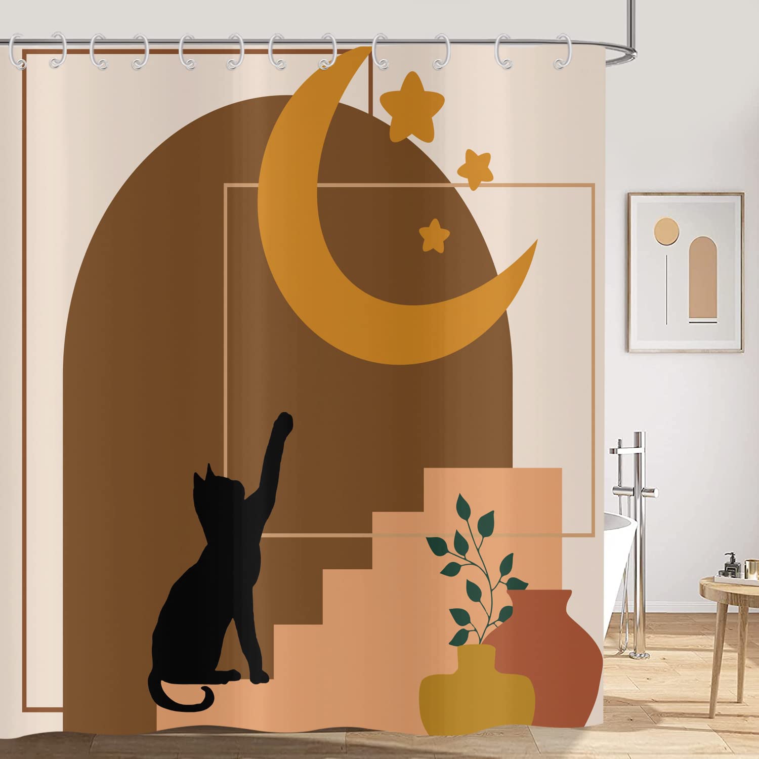 Hnmdmyi Boho Shower Curtain 180x200, Mid Century Abstract Black Cat Moon Stars Terracotta Plant Bathroom Curtains Modern Minimalistic Geometric
