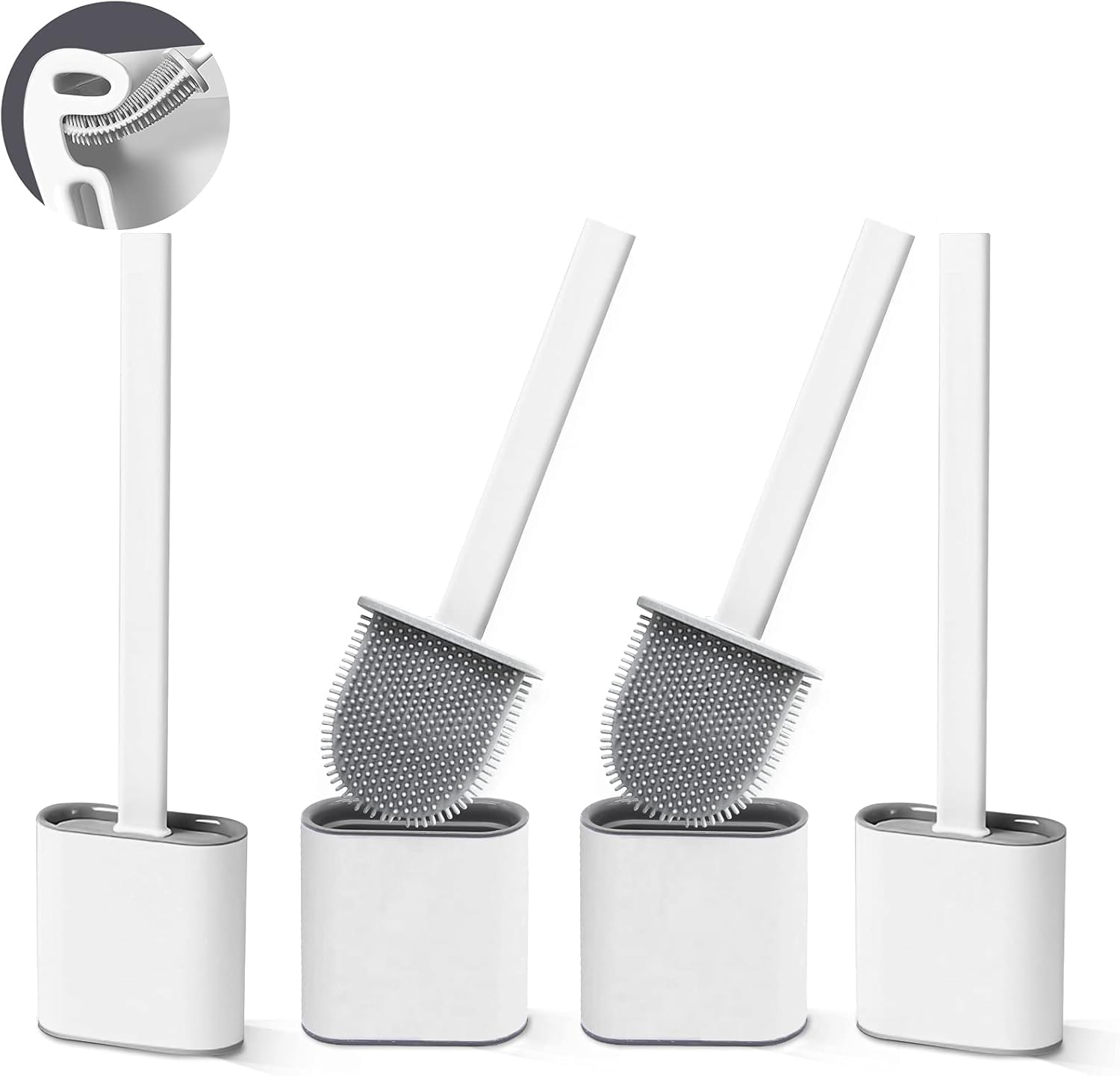 Toilet Brushes, 4 Pack Bathroom Silicone Toilet Brush with Holder Sets with No-Slip Long Plastic Handle and Soft Flexible Bristles, Toilet Brushes and