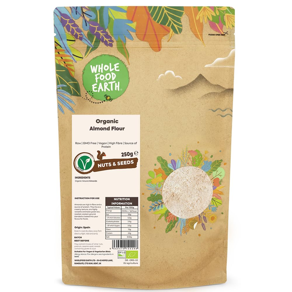 Wholefood Earth Organic Ground Almonds ? 250g | Raw | GMO Free | Vegan | High Fibre | Source of Protein | Certified Organic