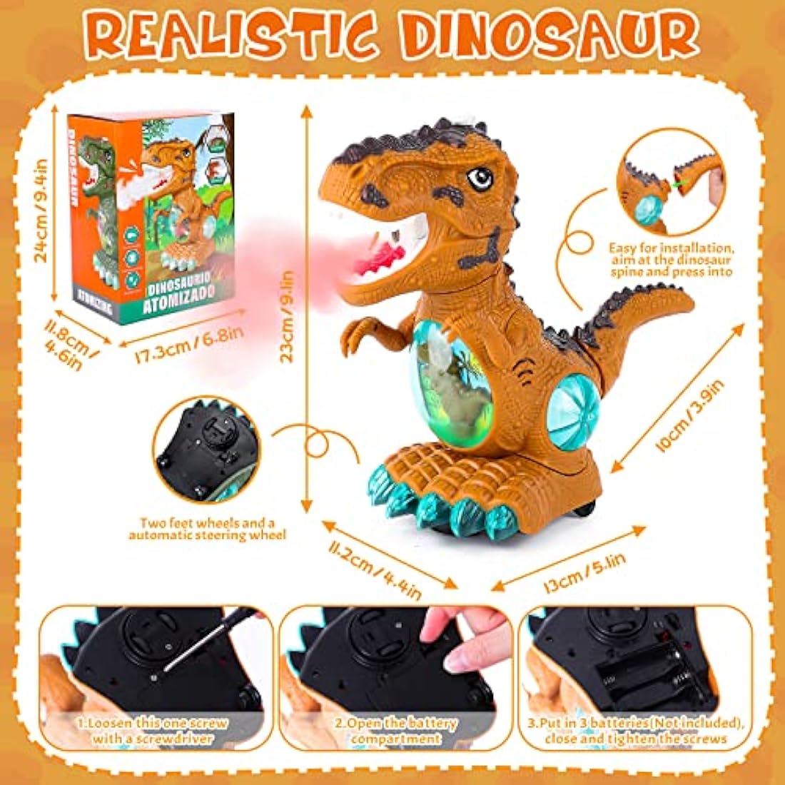 Thedttoy Baby Toys 12 18 Months Dinosaur Light Up Toys, Sensory Walking Toys for 1 2 3 4+ Year Old Toddler, Musical Dinosaur Toy Christmas Birthday Gifts Present for Girls Boys Age 1 2 3 (With Spray)