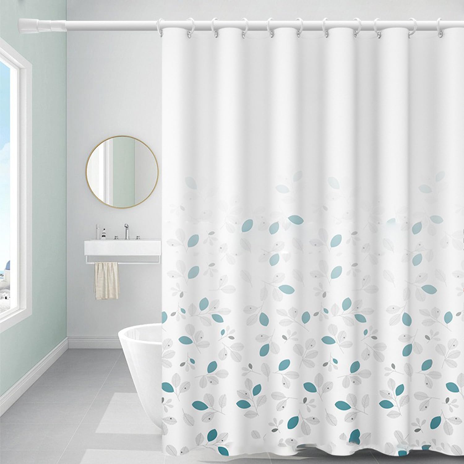 FSZhenZuan Shower Curtain 180 x 200 cm Drop Water Repellent Anti Mould Wet Room Shower Curtain with Hooks Washable Polyester Fabric Leaves Decorative